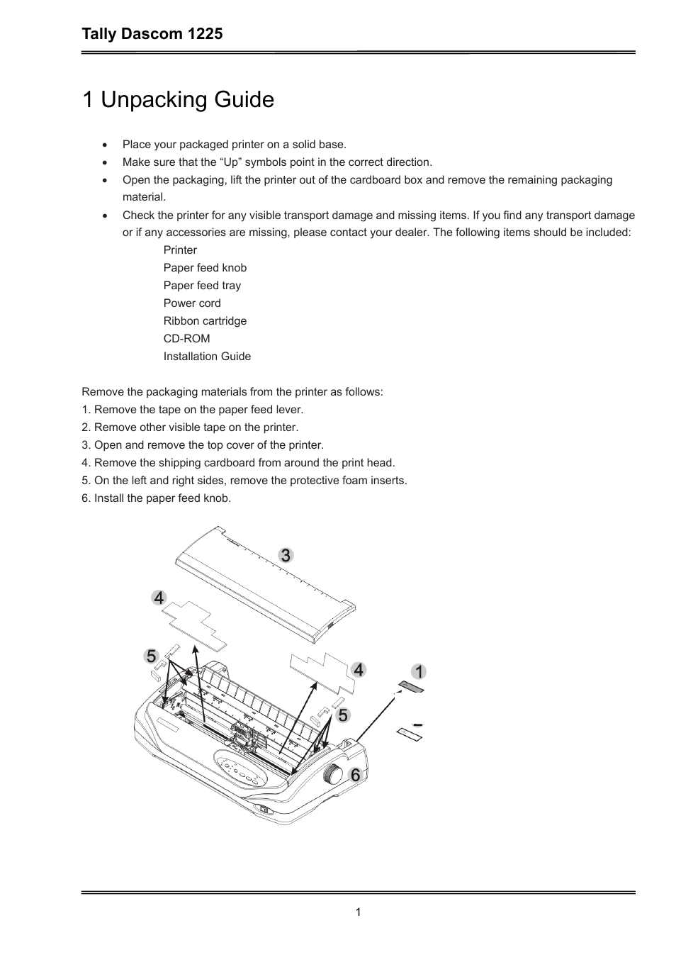 1 unpacking guide, Tally dascom 1225 | Dascom 1225 User Guide User Manual | Page 15 / 100