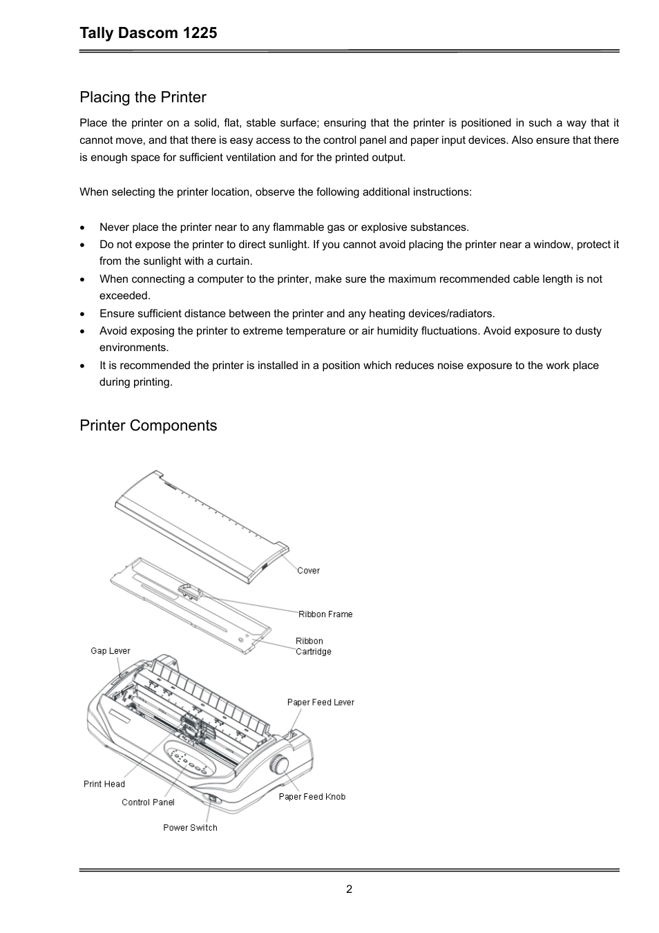 Tally dascom 1225, Placing the printer, Printer components | Dascom 1225 User Guide User Manual | Page 16 / 100