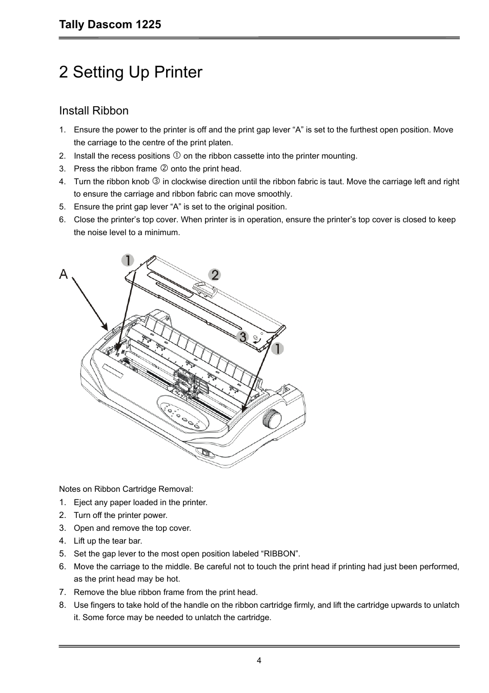 2 setting up printer, Tally dascom 1225, Install ribbon | Dascom 1225 User Guide User Manual | Page 18 / 100