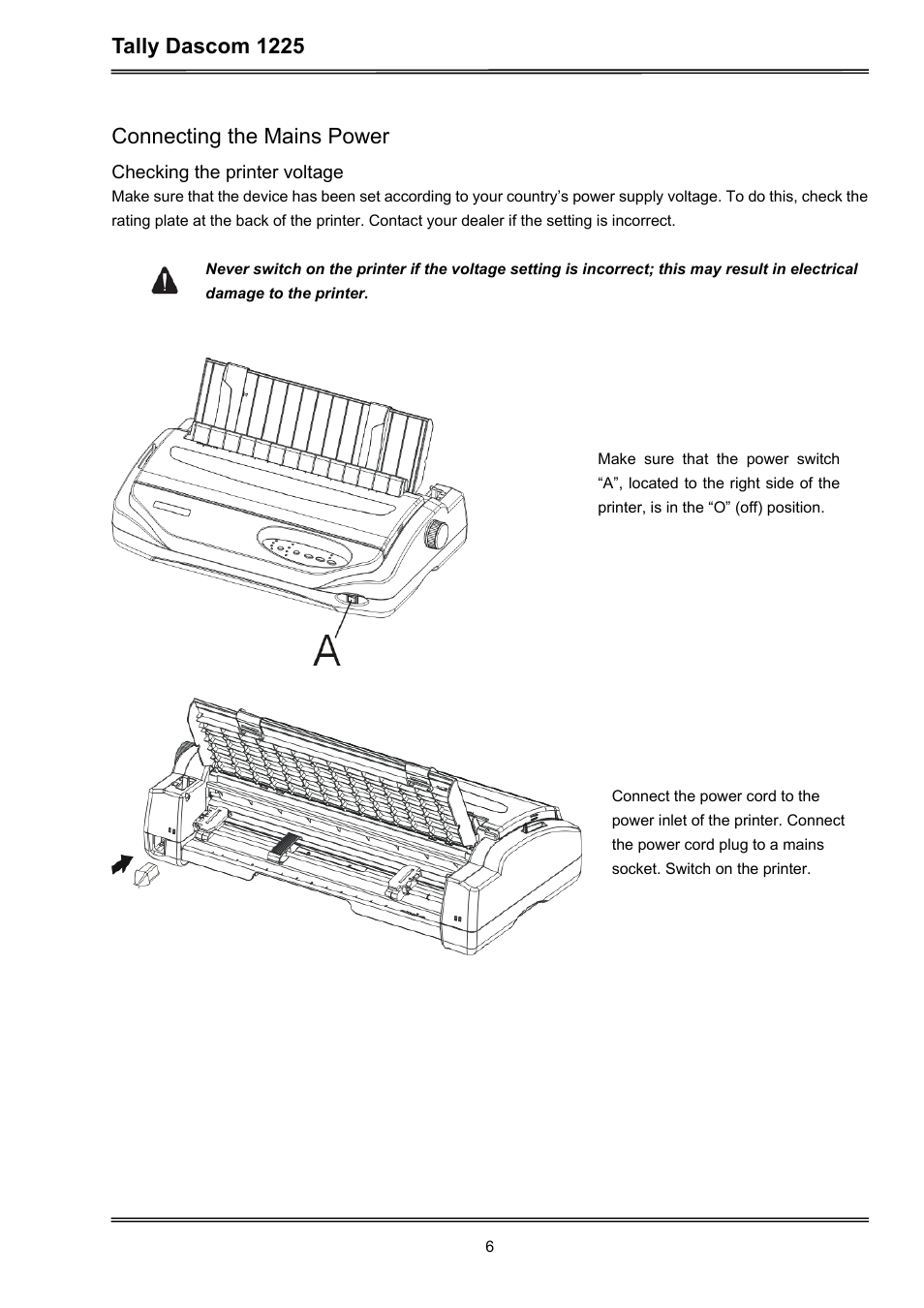 Tally dascom 1225, Connecting the mains power | Dascom 1225 User Guide User Manual | Page 20 / 100