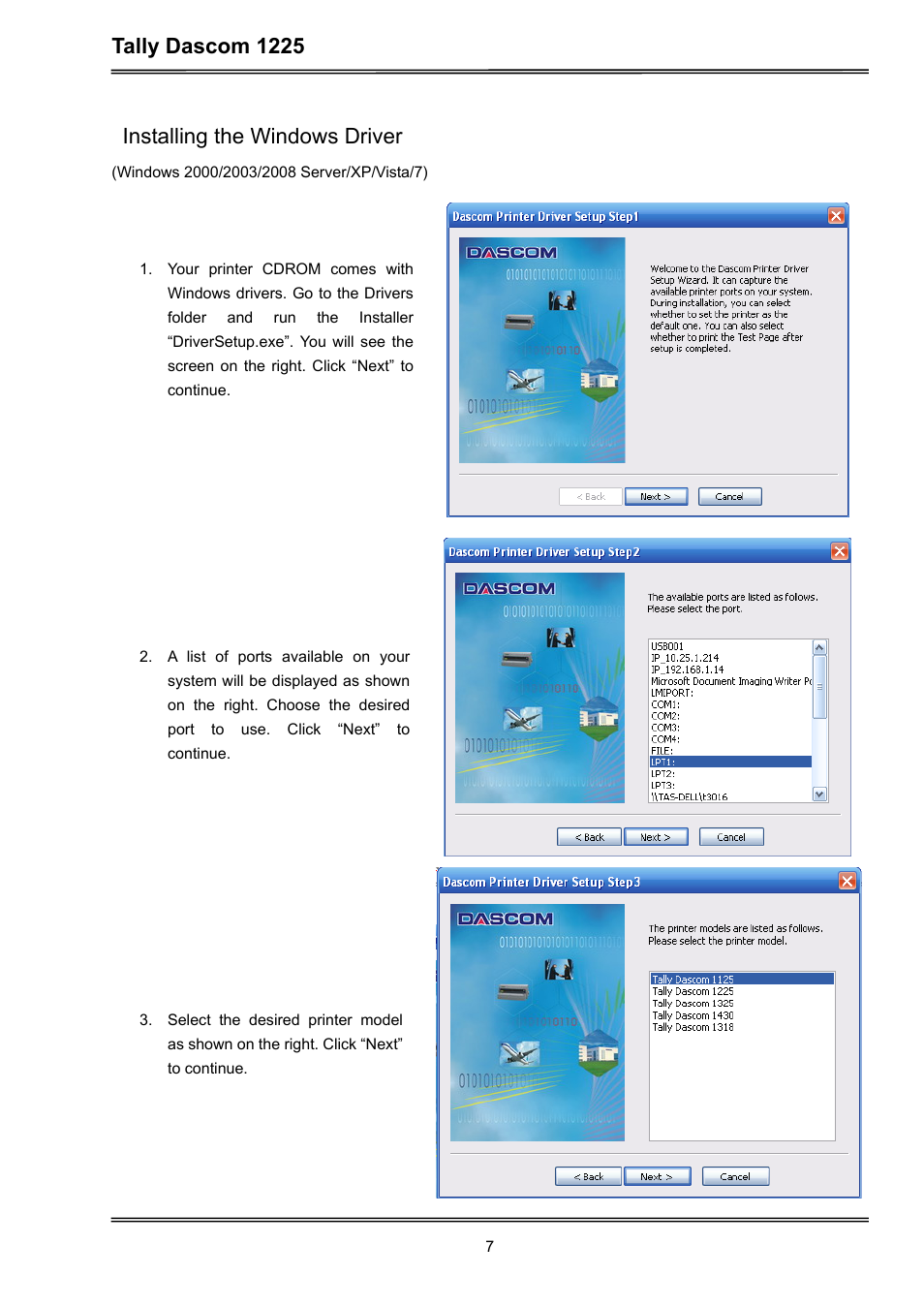 Tally dascom 1225, Installing the windows driver | Dascom 1225 User Guide User Manual | Page 21 / 100