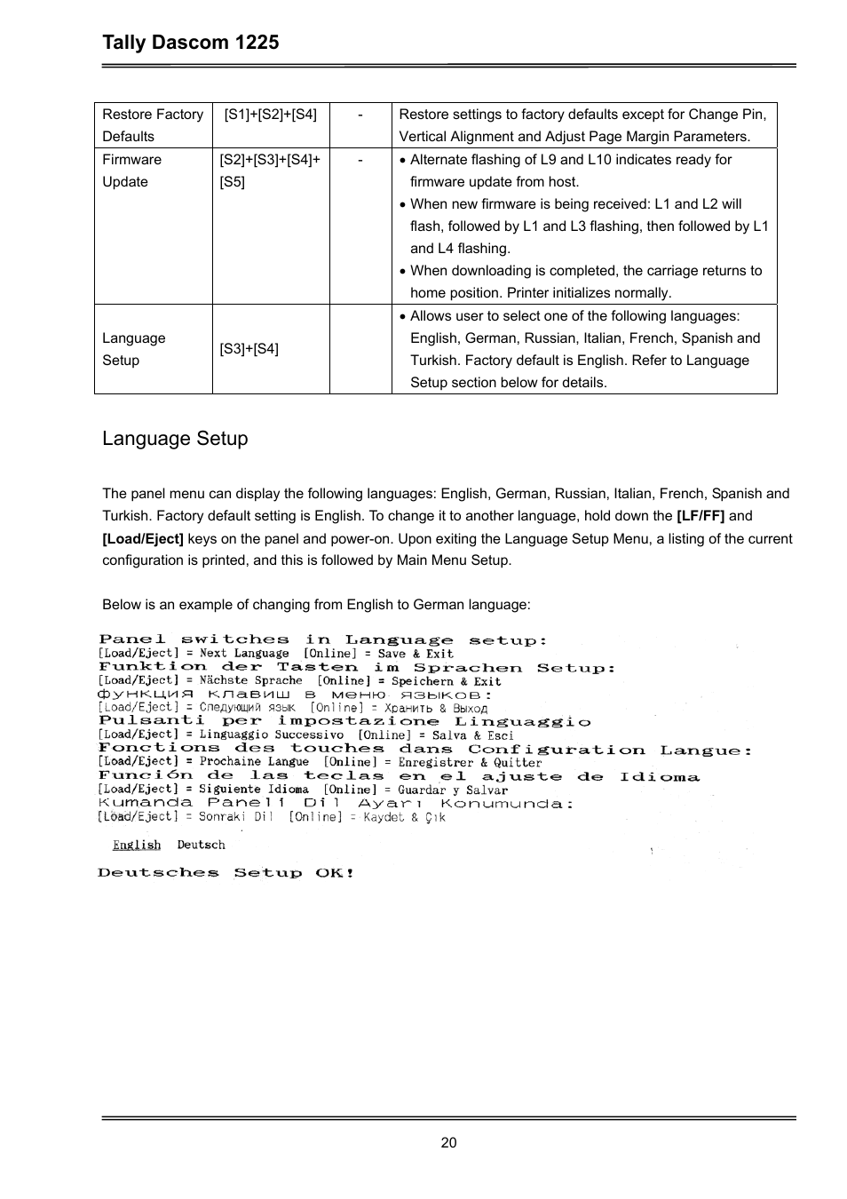 Tally dascom 1225, Language setup | Dascom 1225 User Guide User Manual | Page 34 / 100