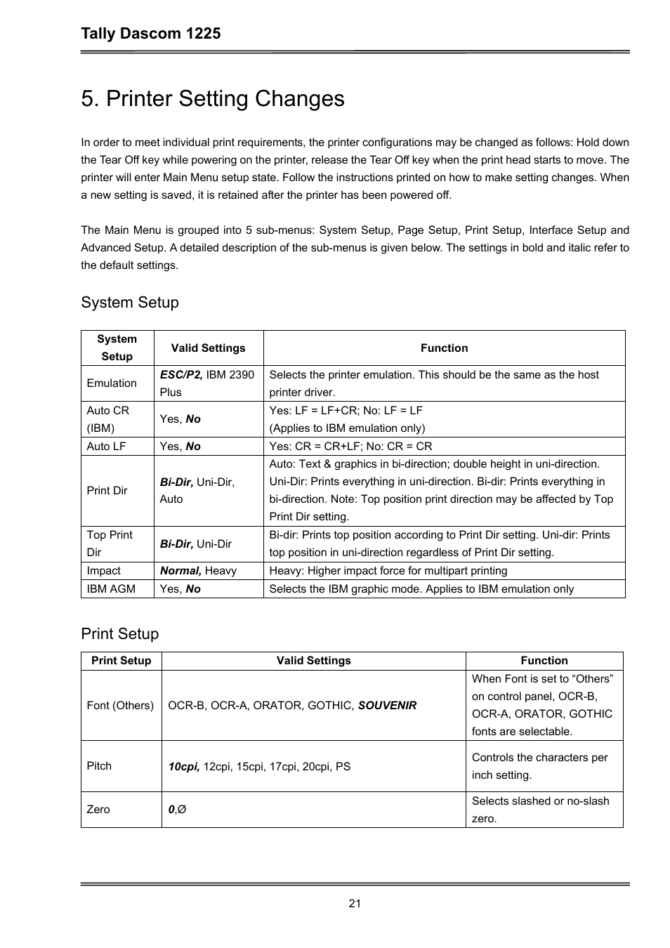 Printer setting changes, Tally dascom 1225, System setup | Print setup | Dascom 1225 User Guide User Manual | Page 35 / 100