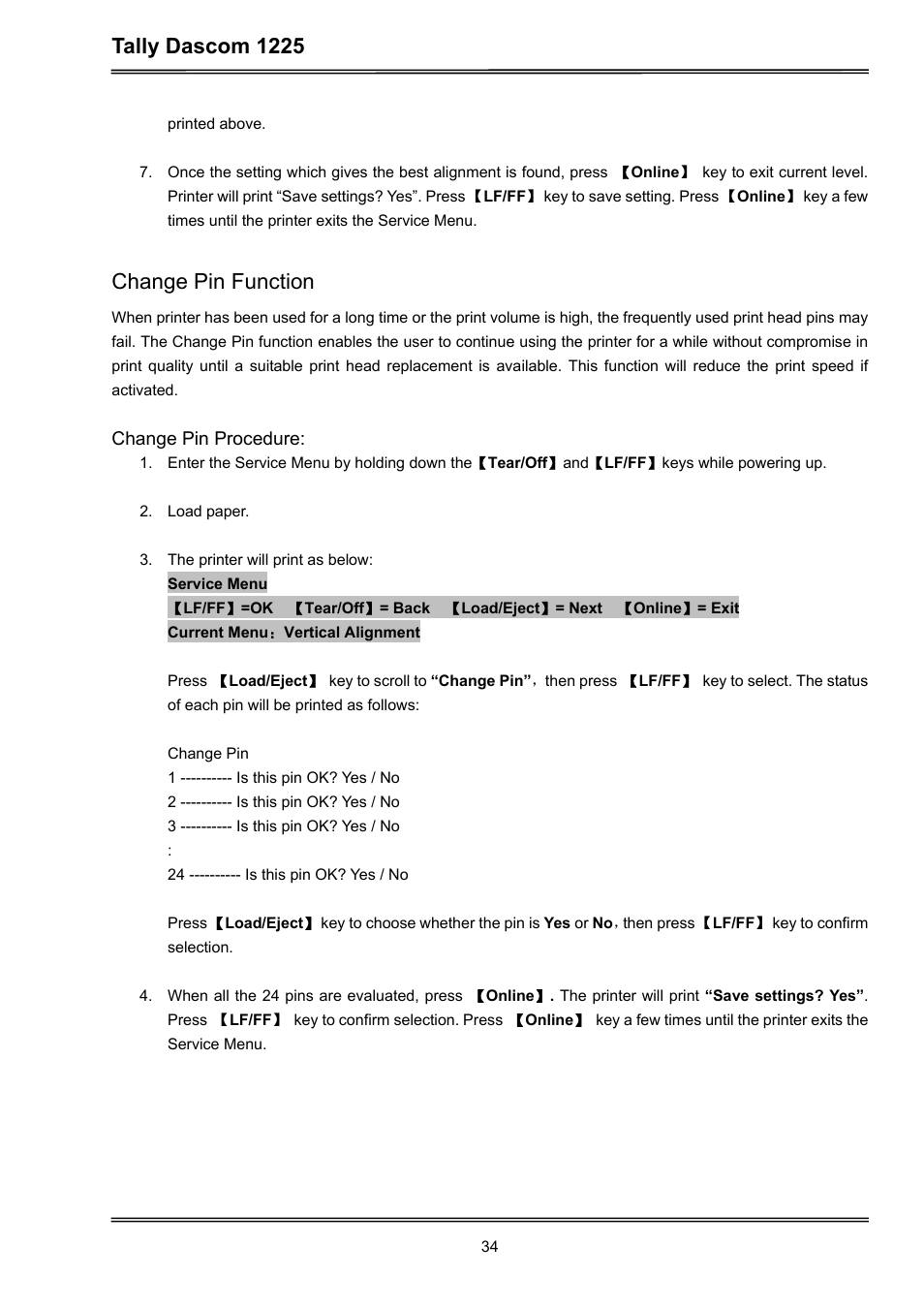 Tally dascom 1225, Change pin function | Dascom 1225 User Guide User Manual | Page 48 / 100