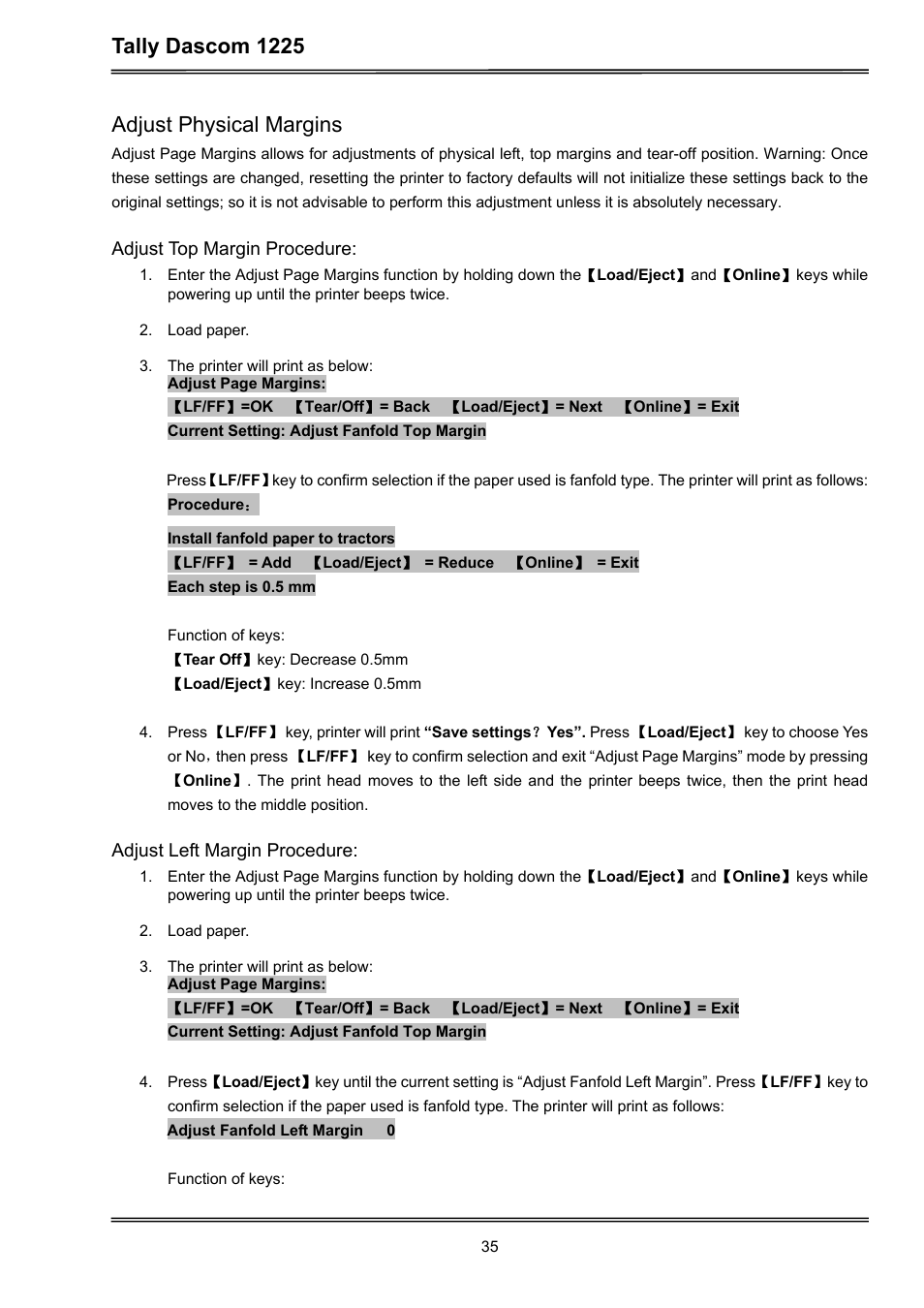 Tally dascom 1225, Adjust physical margins | Dascom 1225 User Guide User Manual | Page 49 / 100