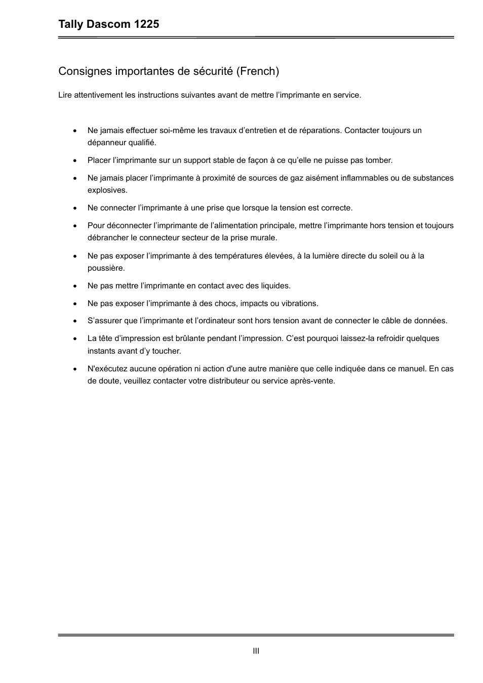 Tally dascom 1225, Consignes importantes de sécurité (french) | Dascom 1225 User Guide User Manual | Page 5 / 100