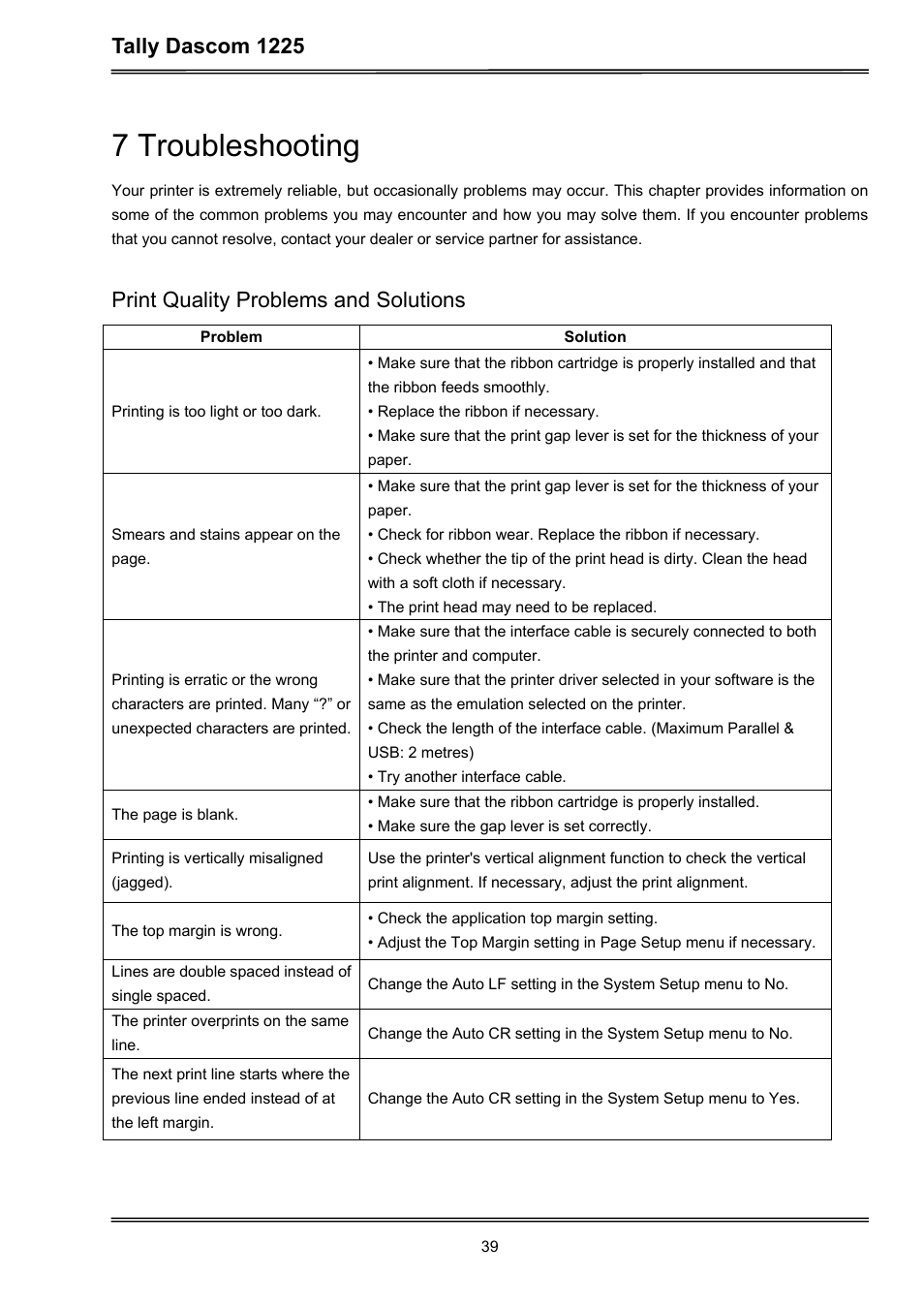 7 troubleshooting, Tally dascom 1225, Print quality problems and solutions | Dascom 1225 User Guide User Manual | Page 53 / 100