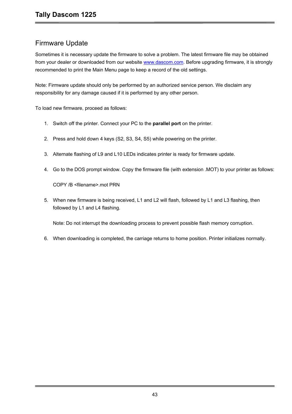 Tally dascom 1225, Firmware update | Dascom 1225 User Guide User Manual | Page 57 / 100