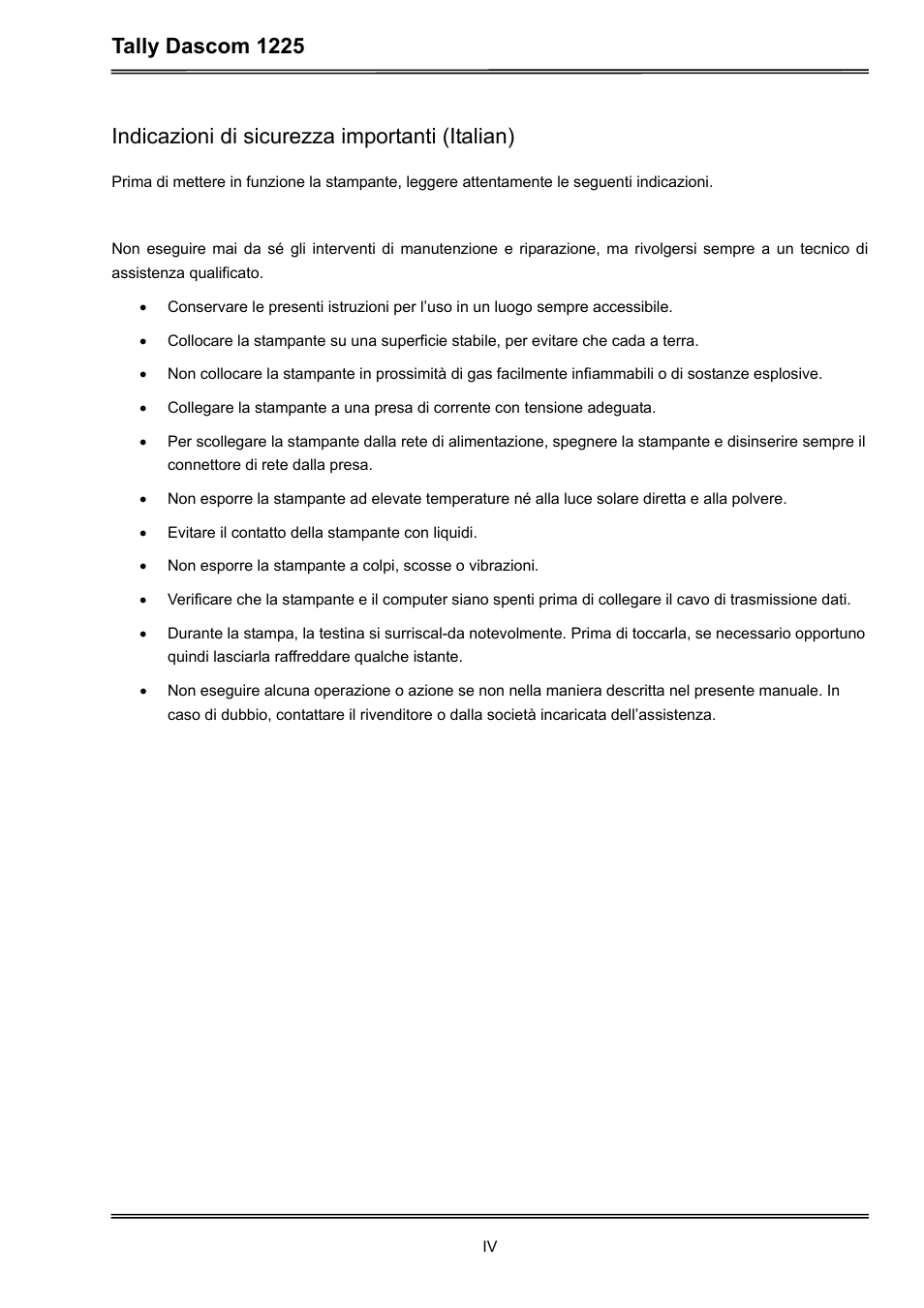 Tally dascom 1225, Indicazioni di sicurezza importanti (italian) | Dascom 1225 User Guide User Manual | Page 6 / 100