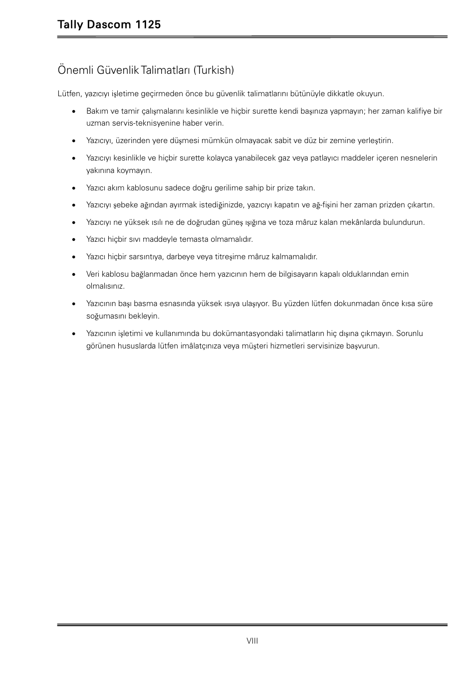 Tally dascom 1125, Önemli güvenlik talimatları (turkish) | Dascom 1125 User Guide User Manual | Page 10 / 104