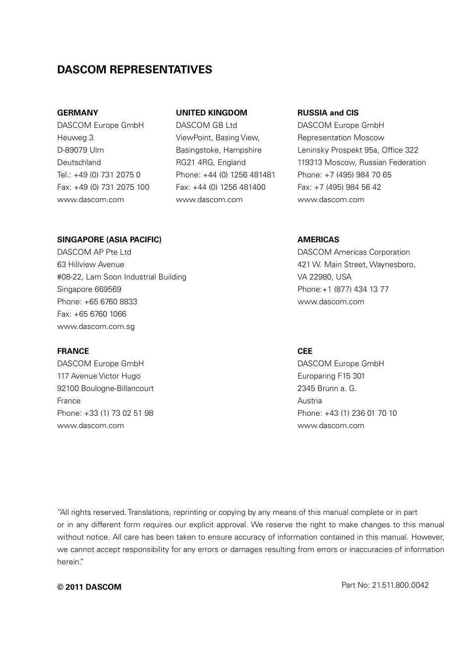 Dascom representatives | Dascom 1125 User Guide User Manual | Page 104 / 104