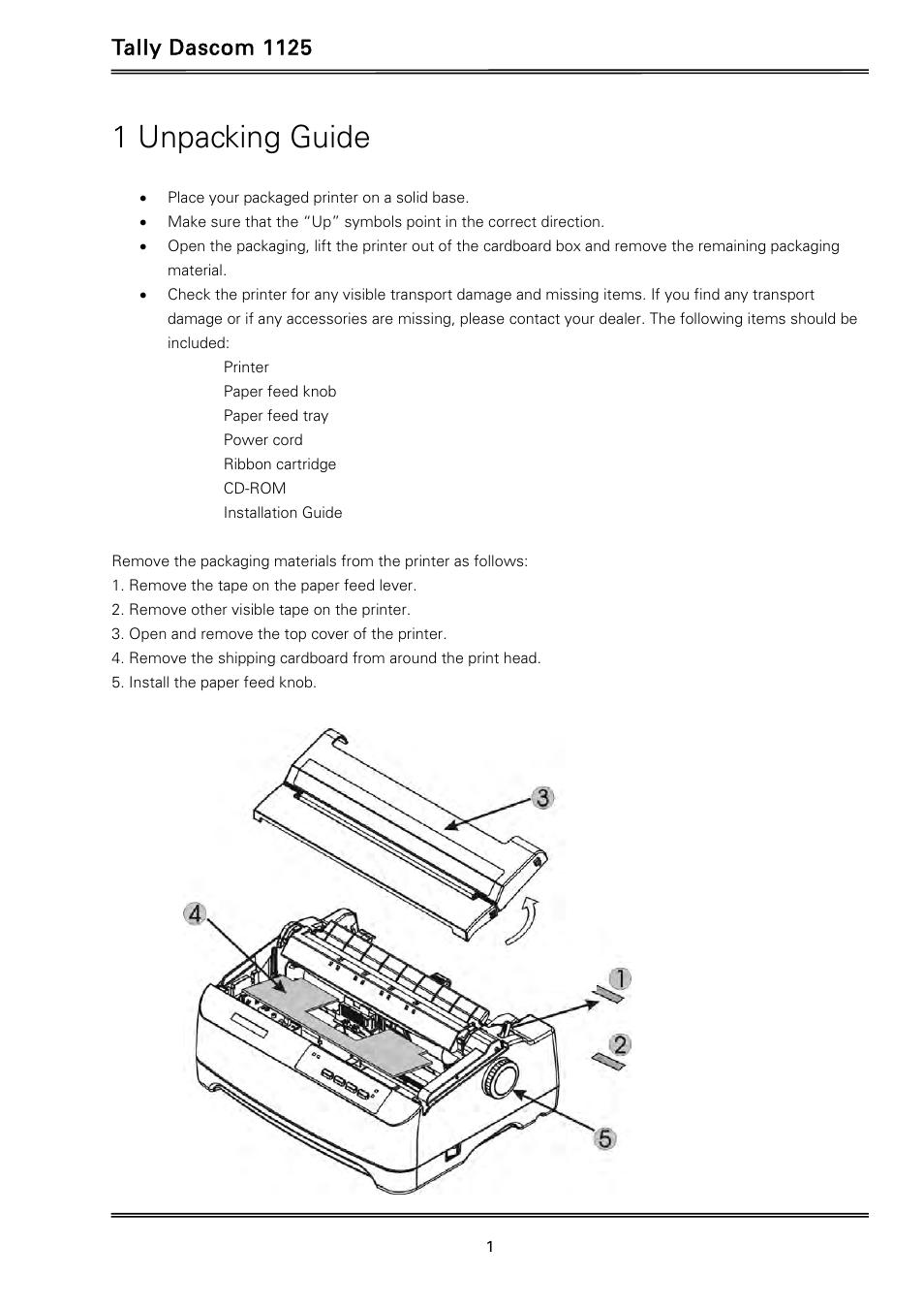 1 unpacking guide, Tally dascom 1125 | Dascom 1125 User Guide User Manual | Page 15 / 104