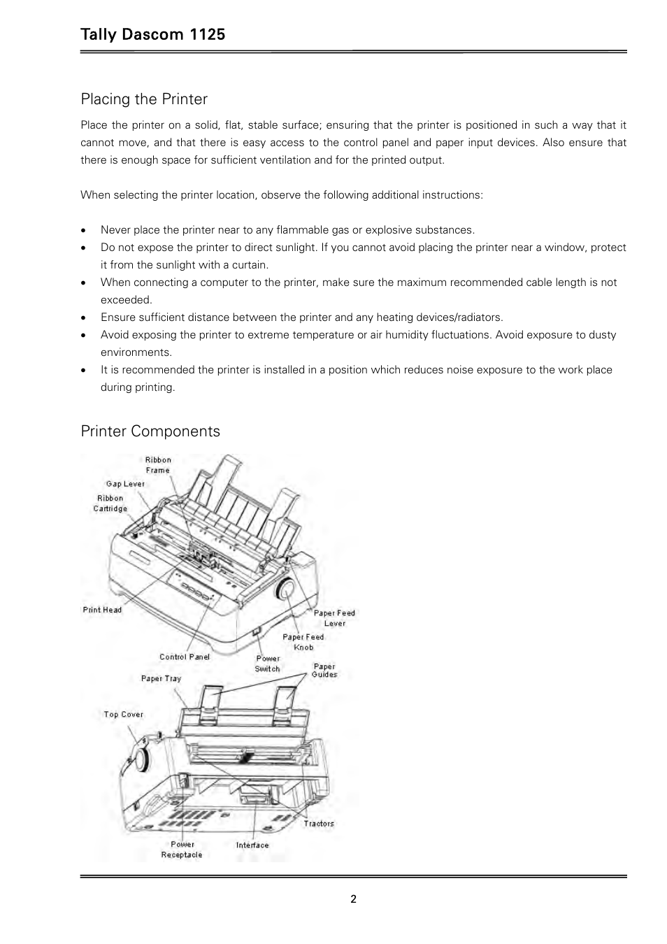 Tally dascom 1125, Placing the printer, Printer components | Dascom 1125 User Guide User Manual | Page 16 / 104