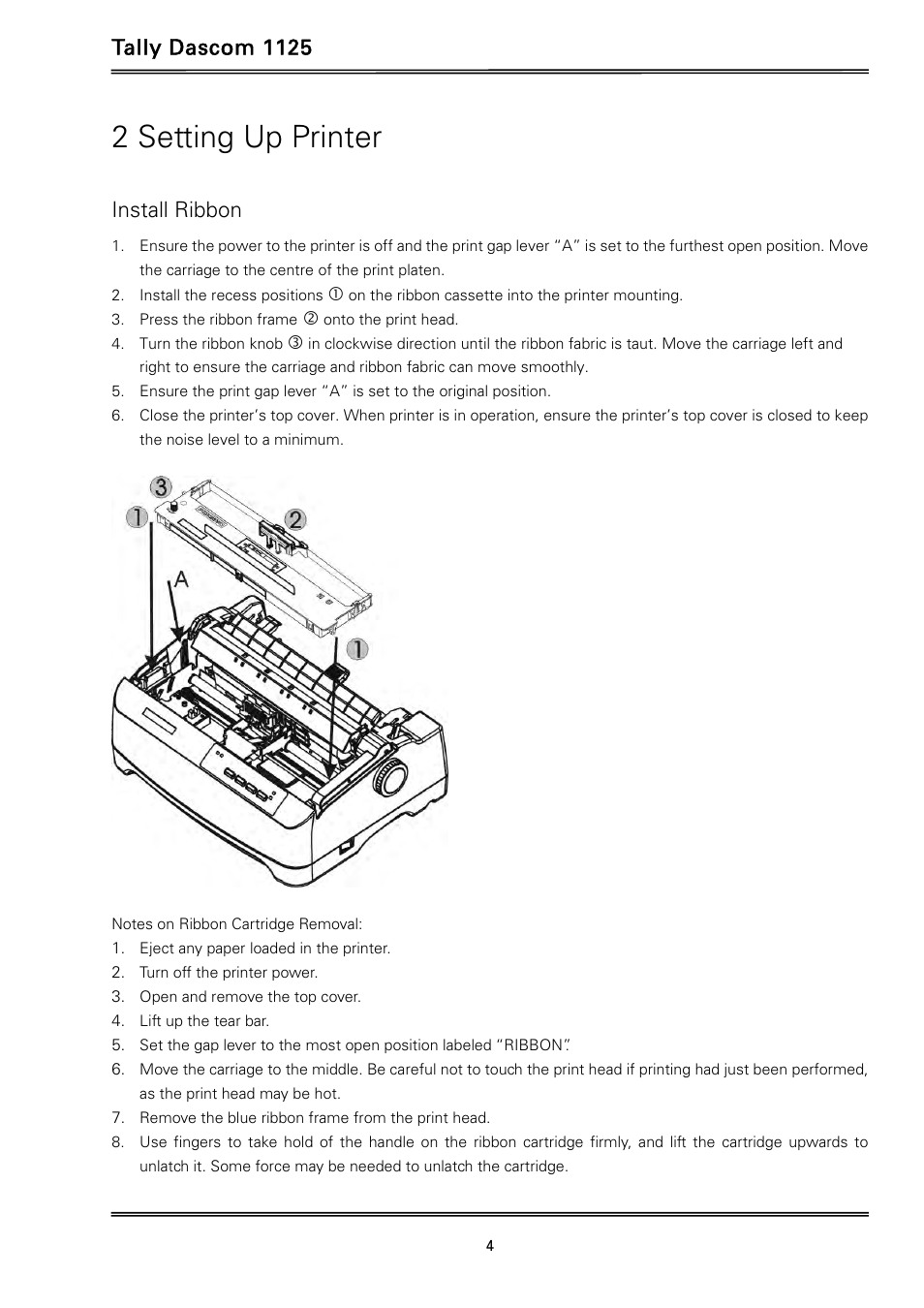 2 setting up printer, Tally dascom 1125, Install ribbon | Dascom 1125 User Guide User Manual | Page 18 / 104