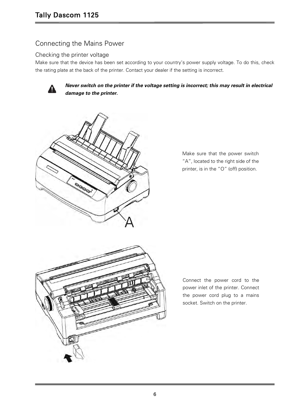 Tally dascom 1125, Connecting the mains power | Dascom 1125 User Guide User Manual | Page 20 / 104