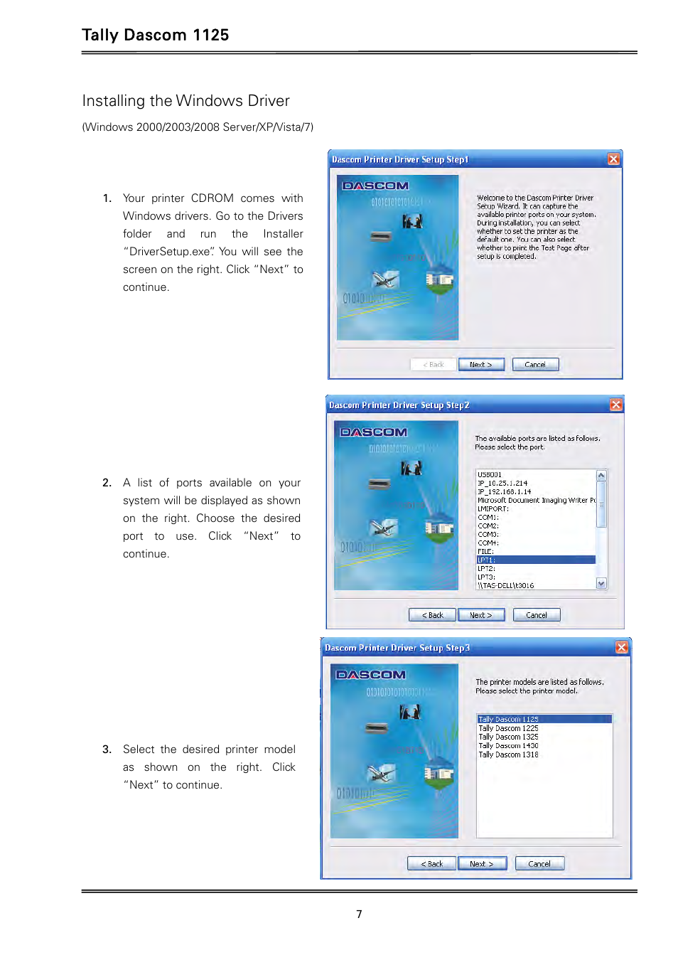 Tally dascom 1125, Installing the windows driver | Dascom 1125 User Guide User Manual | Page 21 / 104