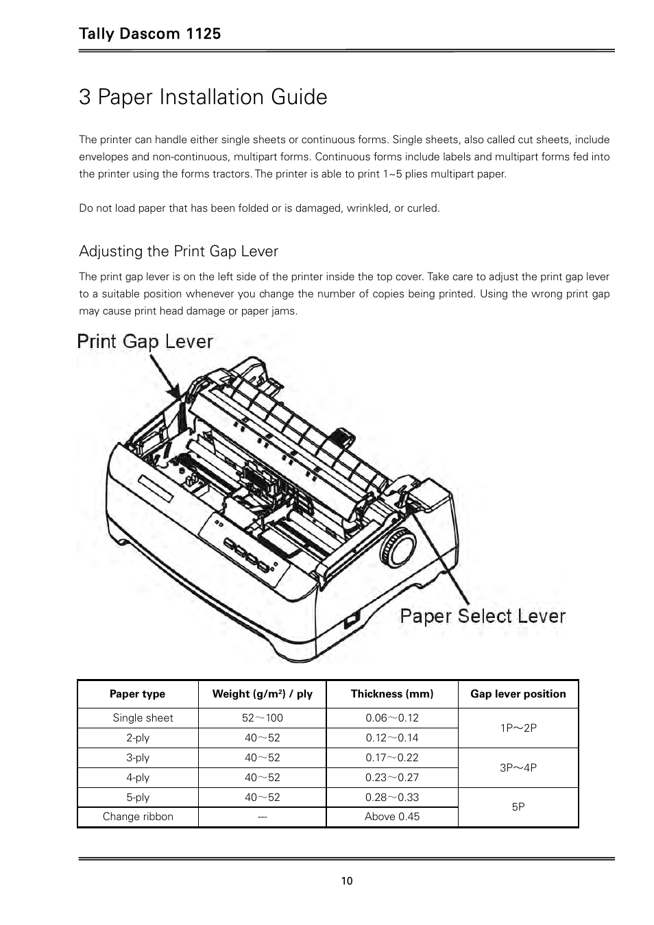 3 paper installation guide, Tally dascom 1125, Adjusting the print gap lever | Dascom 1125 User Guide User Manual | Page 24 / 104