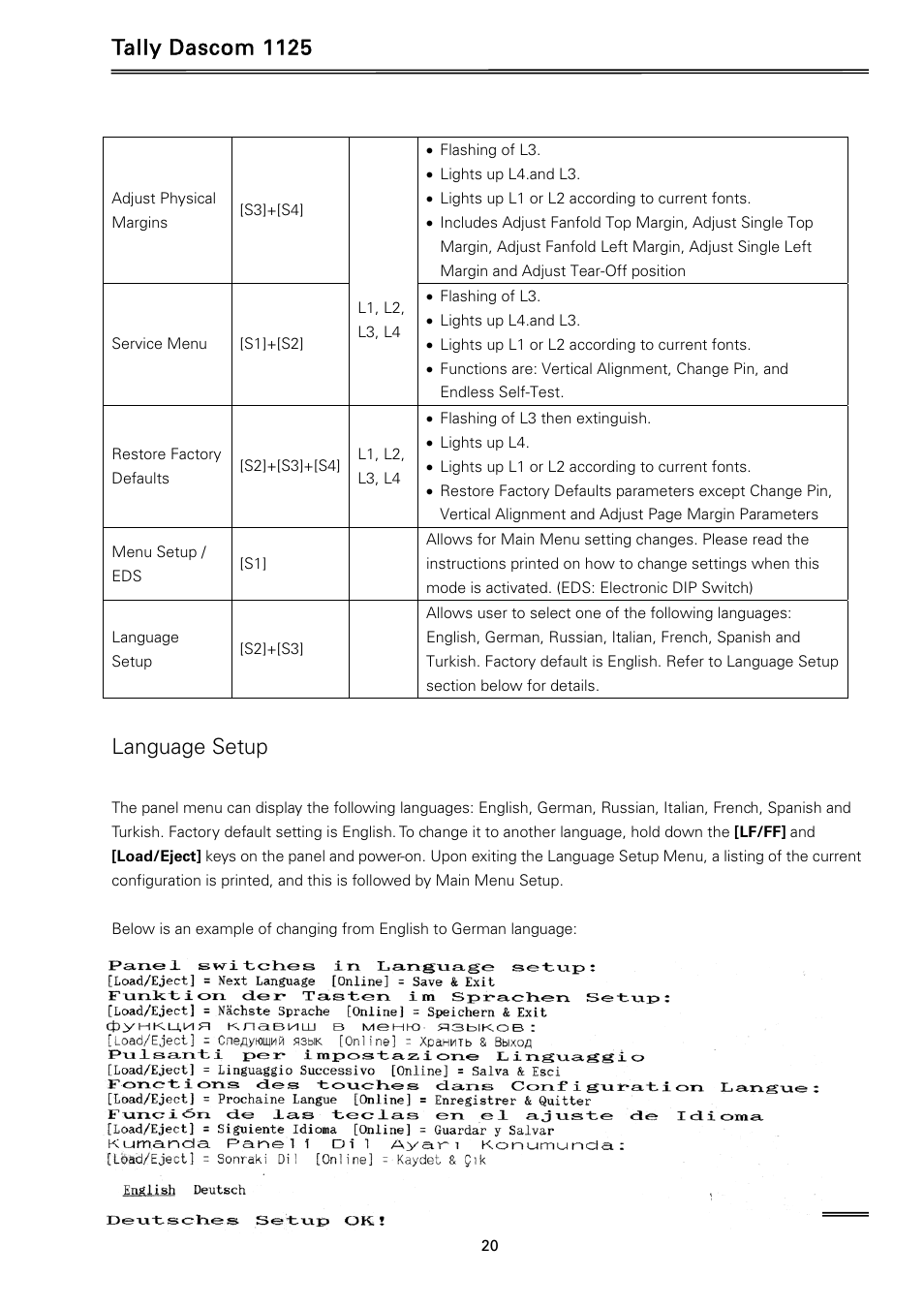 Tally dascom 1125, Language setup | Dascom 1125 User Guide User Manual | Page 34 / 104
