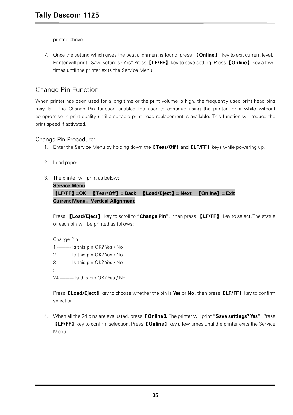 Tally dascom 1125, Change pin function | Dascom 1125 User Guide User Manual | Page 49 / 104