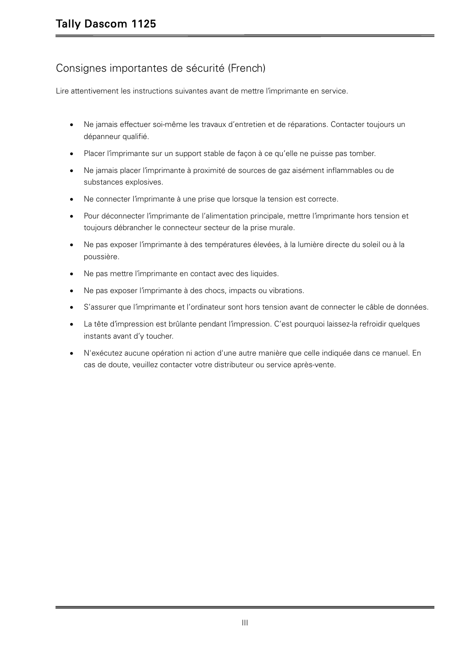 Tally dascom 1125, Consignes importantes de sécurité (french) | Dascom 1125 User Guide User Manual | Page 5 / 104