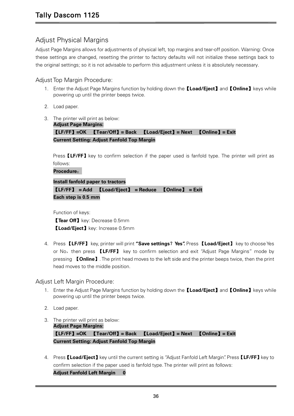 Tally dascom 1125, Adjust physical margins | Dascom 1125 User Guide User Manual | Page 50 / 104