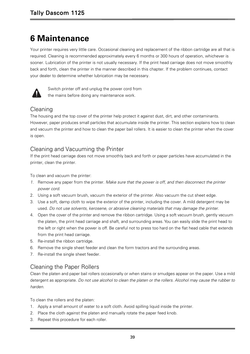 6 maintenance, Tally dascom 1125, Cleaning | Cleaning and vacuuming the printer, Cleaning the paper rollers | Dascom 1125 User Guide User Manual | Page 53 / 104