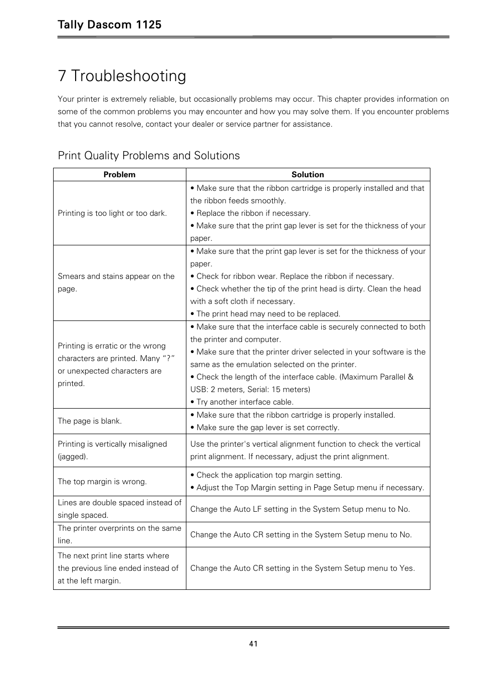 7 troubleshooting, Tally dascom 1125, Print quality problems and solutions | Dascom 1125 User Guide User Manual | Page 55 / 104