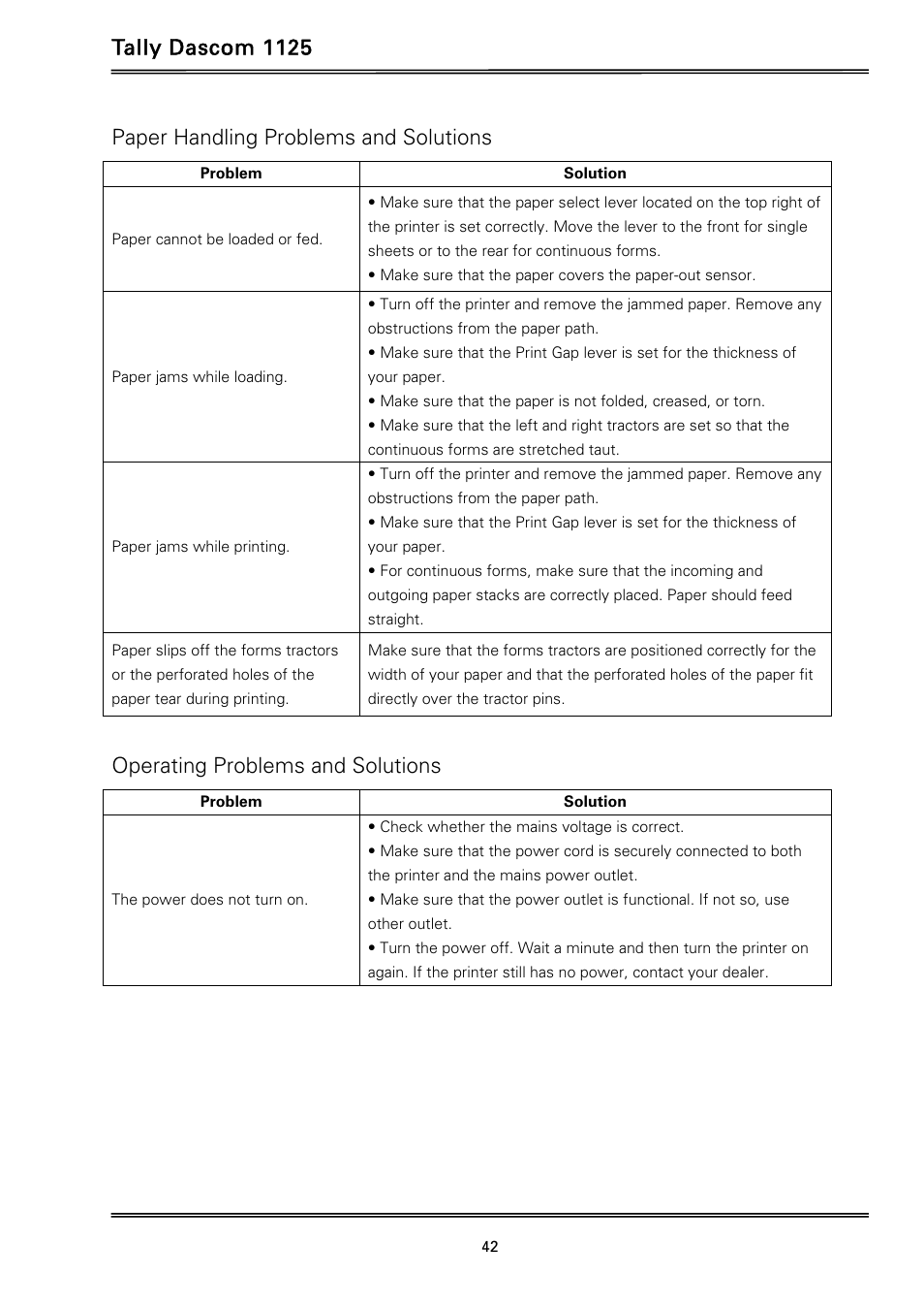 Tally dascom 1125, Paper handling problems and solutions, Operating problems and solutions | Dascom 1125 User Guide User Manual | Page 56 / 104