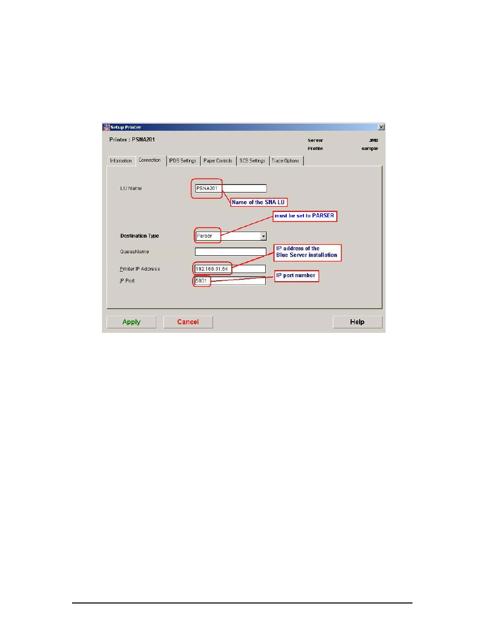 3 configuring blueserver for sna communication, 1 setup connection tab, Configuring blueserver for sna communication | Setup connection tab | Dascom TallyCom III IBM AS400/iSeries Host Print Set-up Guide User Manual | Page 20 / 35
