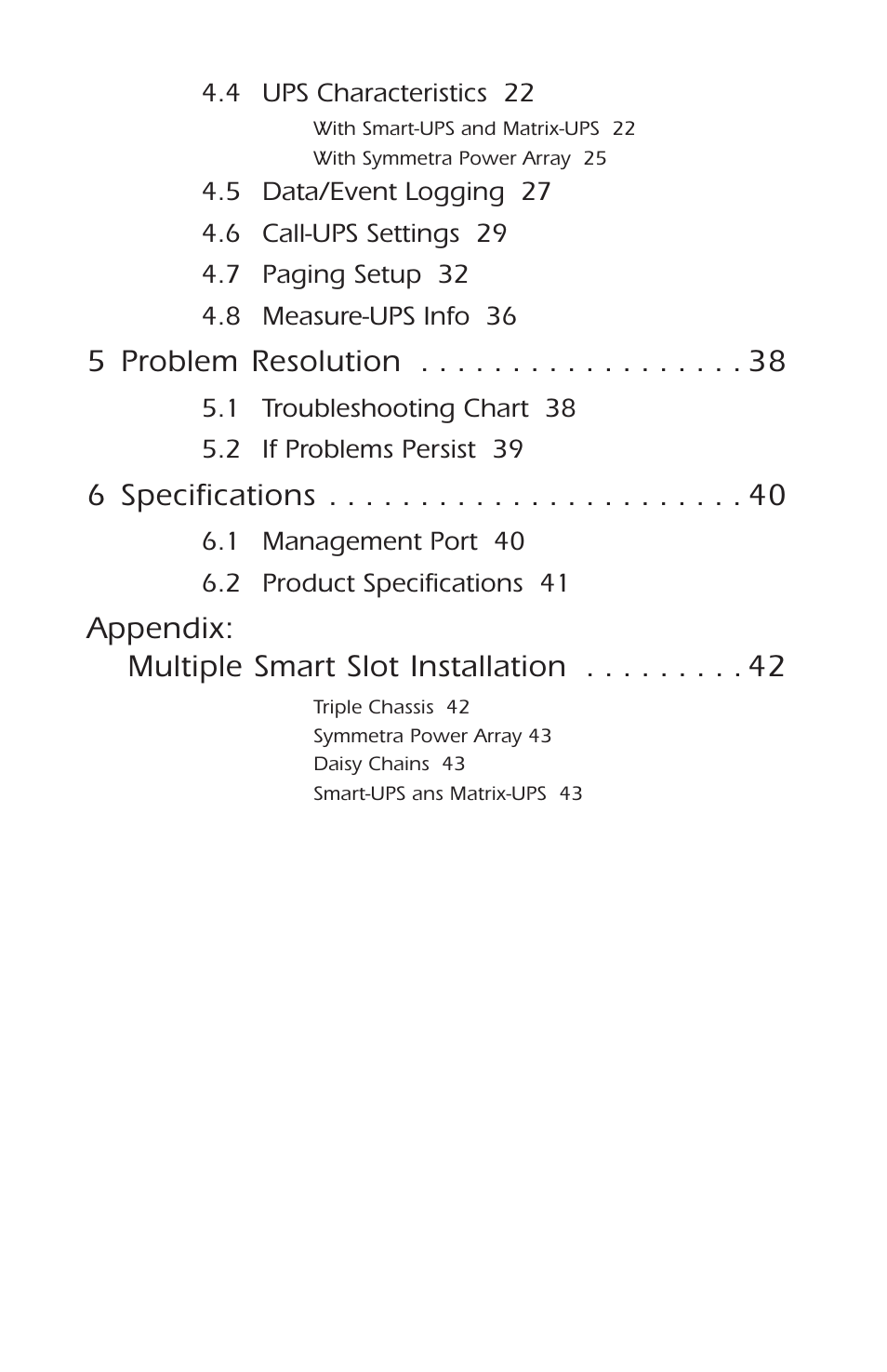 5 problem resolution, 6 specifications, Appendix: multiple smart slot installation | APC AP9608 User Manual | Page 4 / 52