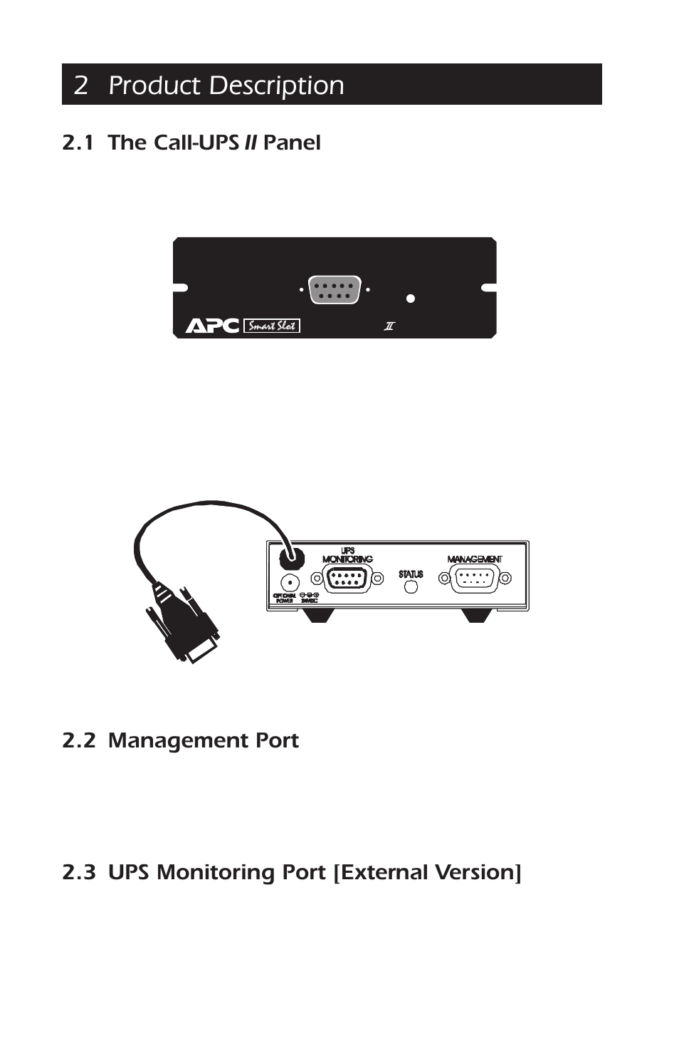 2 product description, 1 the call-ups ii panel, 2 management port | 3 ups monitoring port [external version | APC AP9608 User Manual | Page 6 / 52