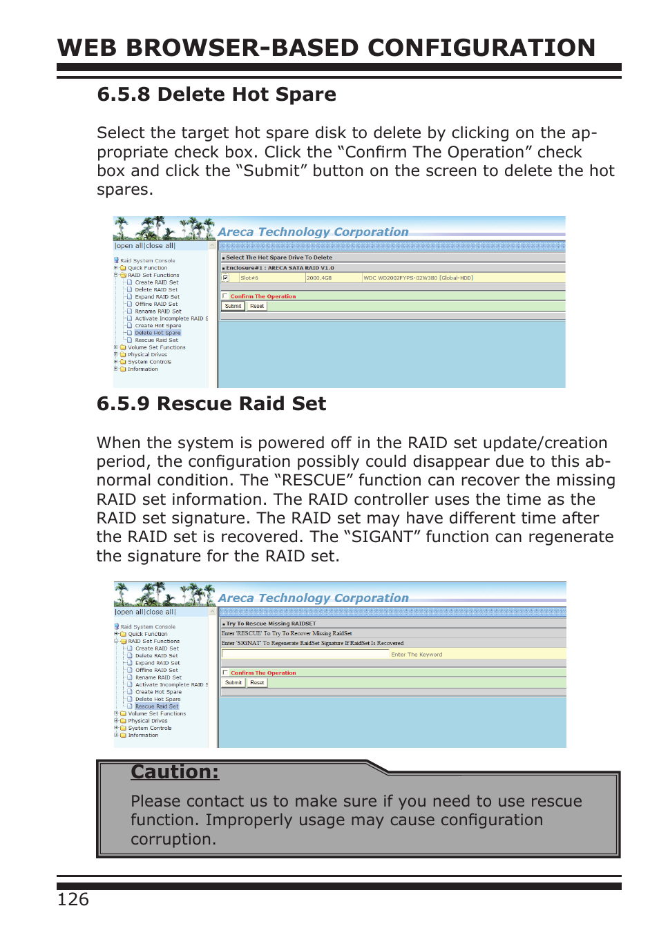 Web browser-based configuration, Caution, 8 delete hot spare | 9 rescue raid set | DATOptic RM12-S6.TB - Rackmount User Manual | Page 17 / 90