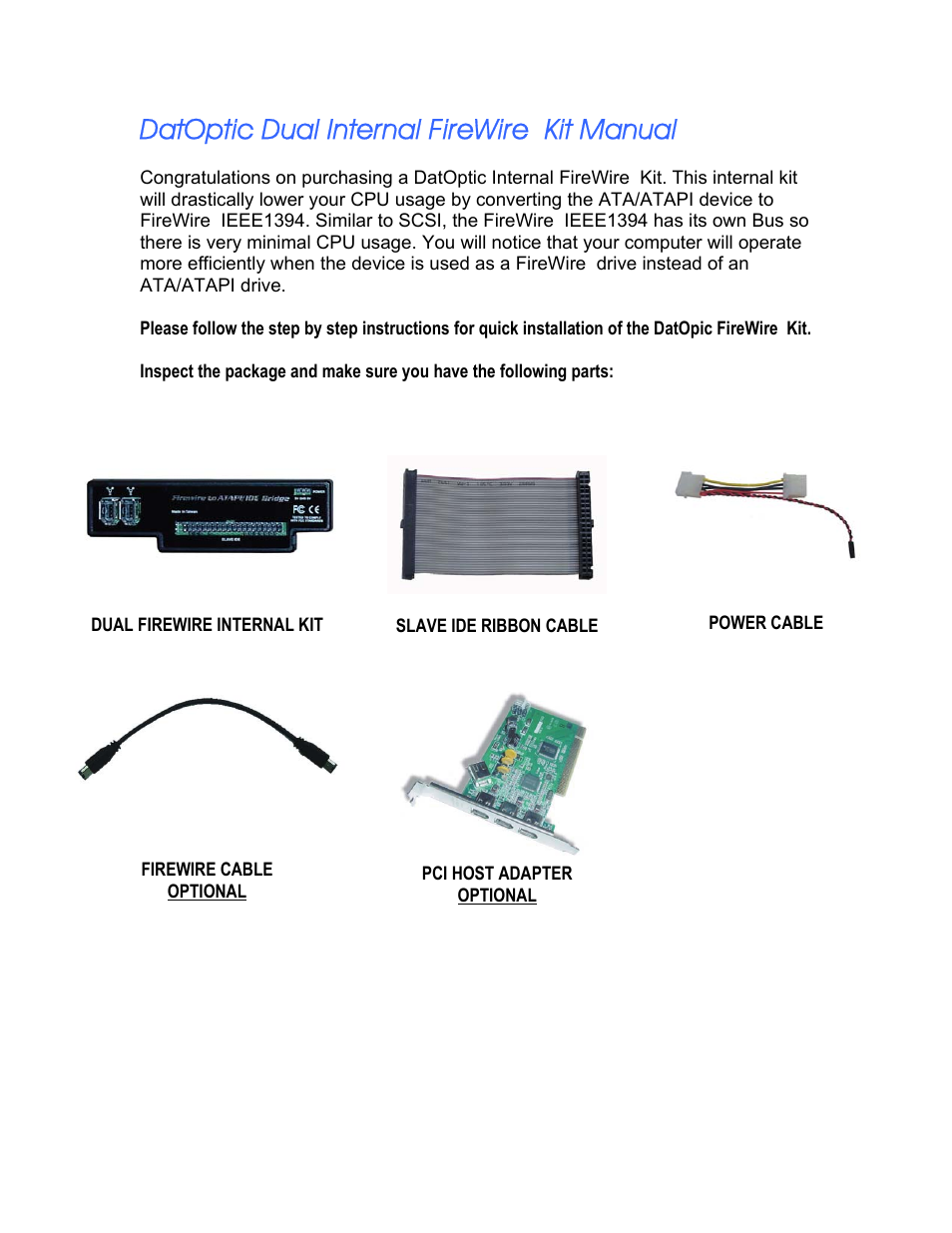 DATOptic Dual Internal FireWire Kit User Manual | 2 pages