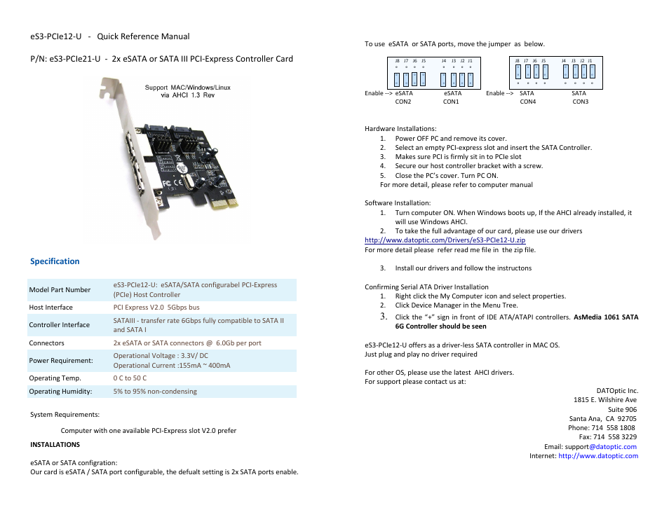 DATOptic eS3-PCIe12-U User Manual | 1 page