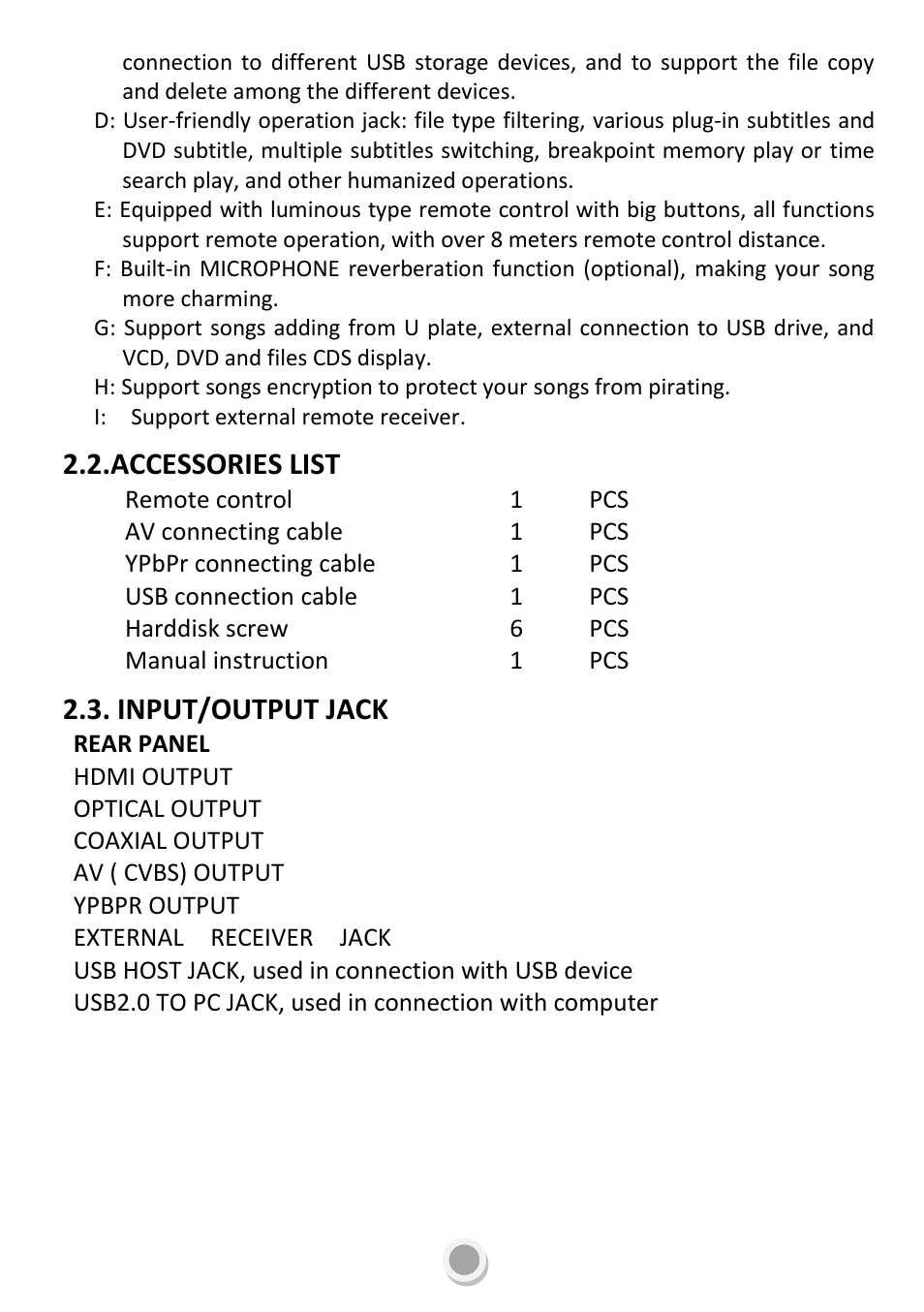 Accessories list, Input/output jack | DATOptic HD 1080P User Manual | Page 5 / 24