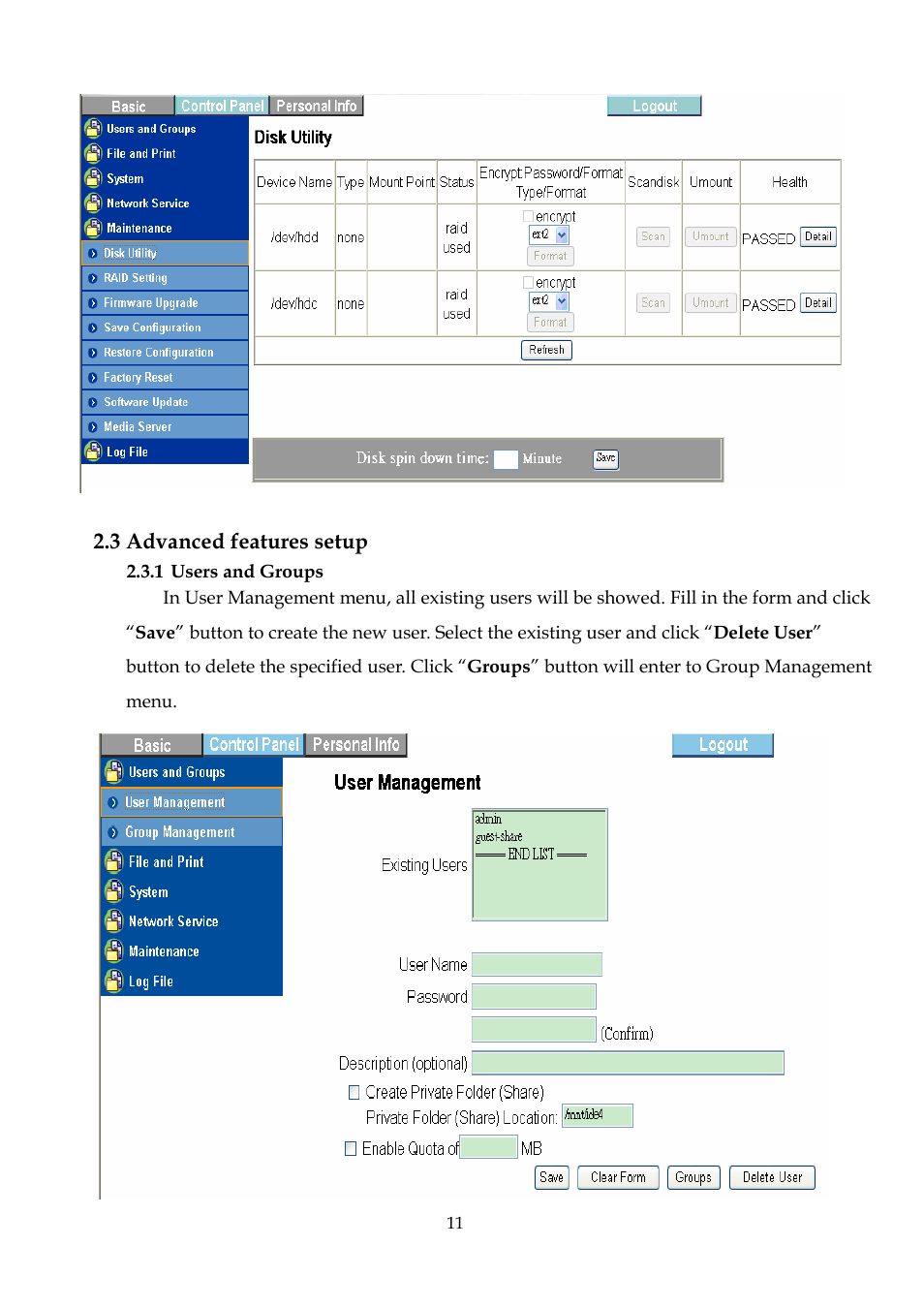 3 advanced features setup | DATOptic 2BAY_NAS User Manual | Page 12 / 38