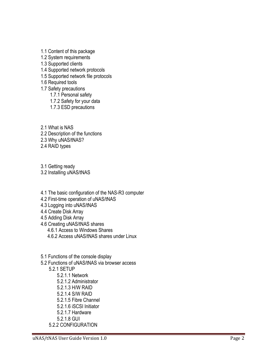 1 before you get started, 2 features, 3 hardware installation | 4 configuration, 5 descriptions of function | DATOptic uNAS – tNAS User Manual | Page 2 / 98