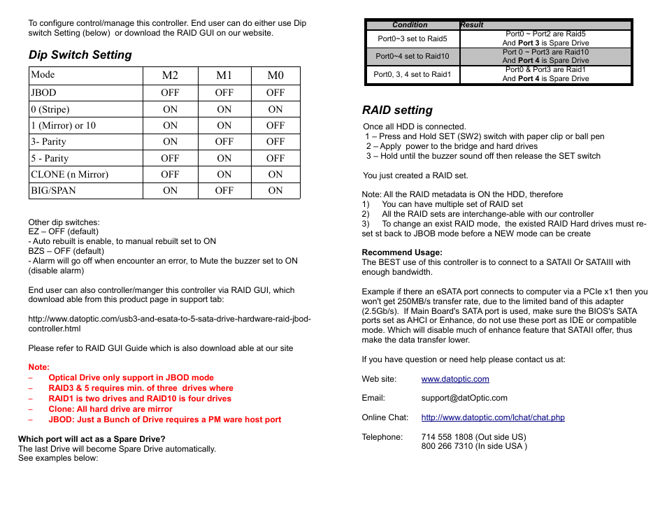 Dip switch setting, Condition, Result | Raid setting | DATOptic U3eS_RM User Manual | Page 3 / 3