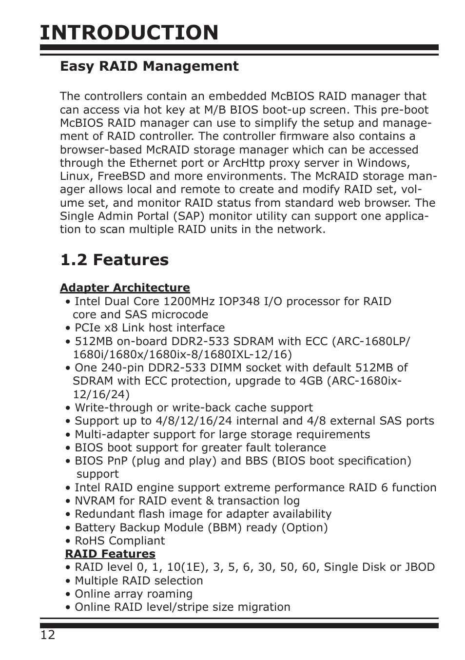 Introduction, 2 features, Easy raid management | DATOptic ARC-1680 Series User Manual | Page 12 / 184