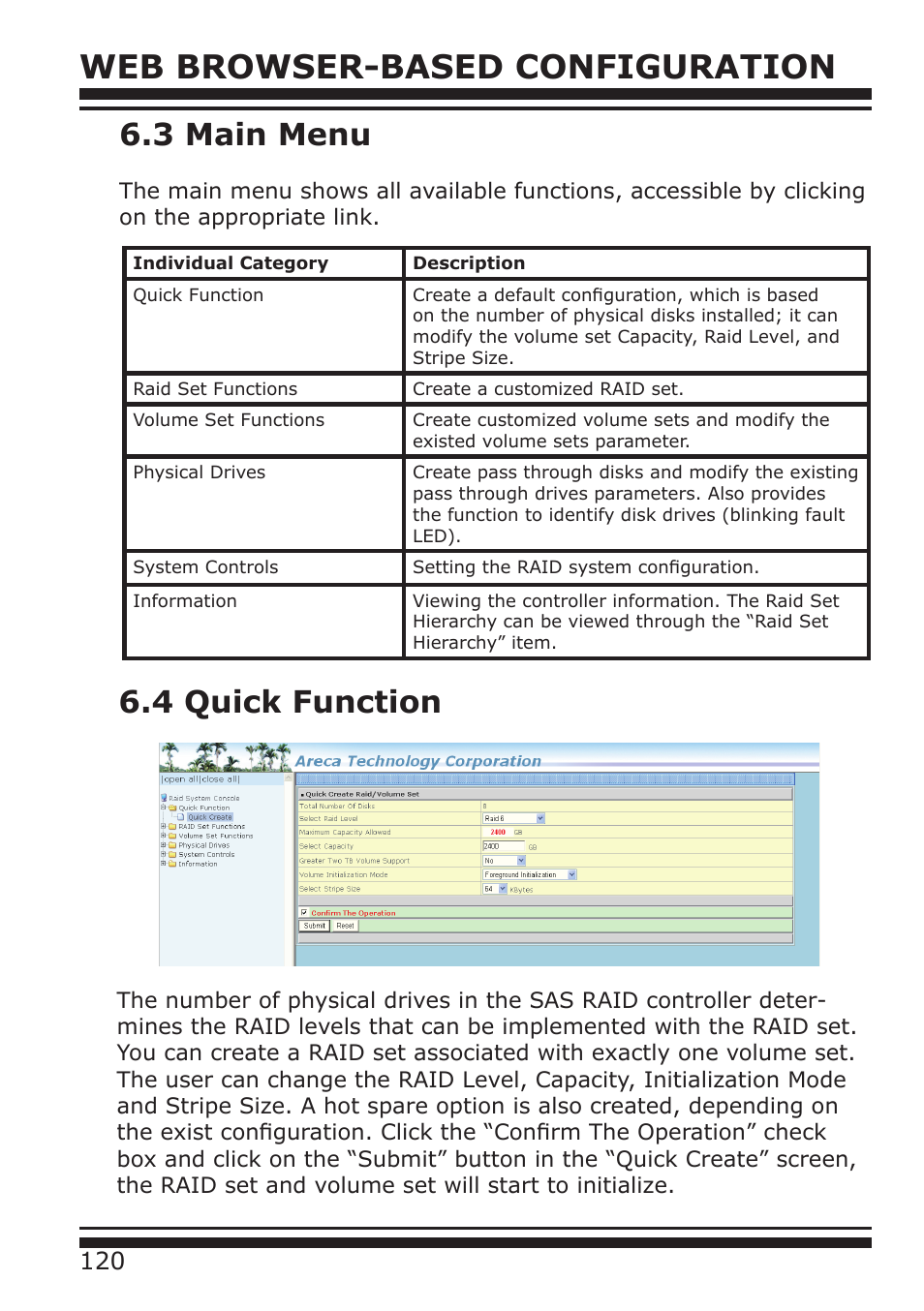 Web browser-based configuration, 3 main menu, 4 quick function | DATOptic ARC-1680 Series User Manual | Page 120 / 184