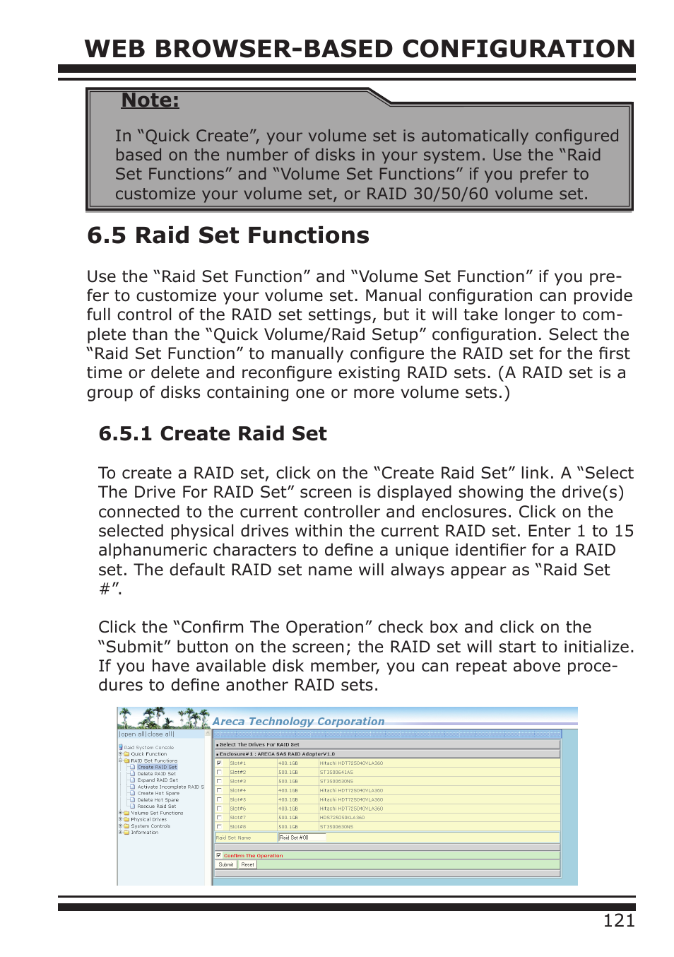Web browser-based configuration, 5 raid set functions, 1 create raid set | DATOptic ARC-1680 Series User Manual | Page 121 / 184