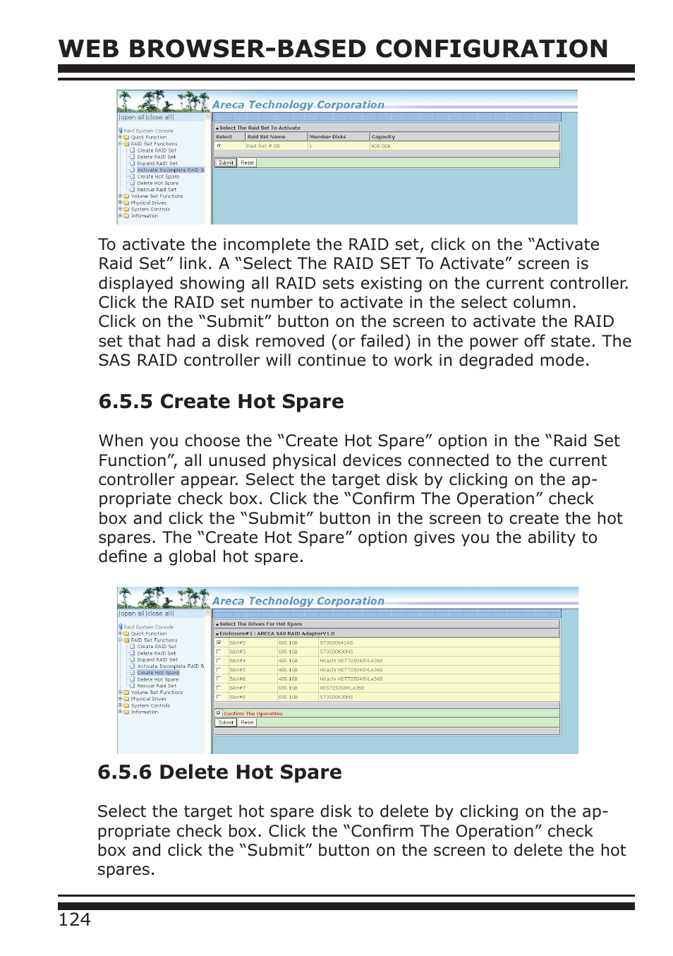 Web browser-based configuration, 5 create hot spare, 6 delete hot spare | DATOptic ARC-1680 Series User Manual | Page 124 / 184