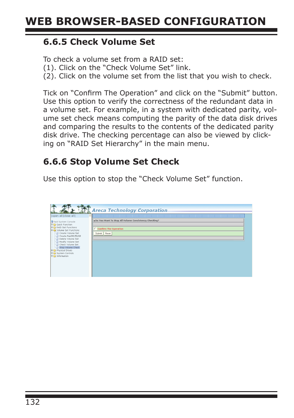 Web browser-based configuration, 5 check volume set, 6 stop volume set check | DATOptic ARC-1680 Series User Manual | Page 132 / 184