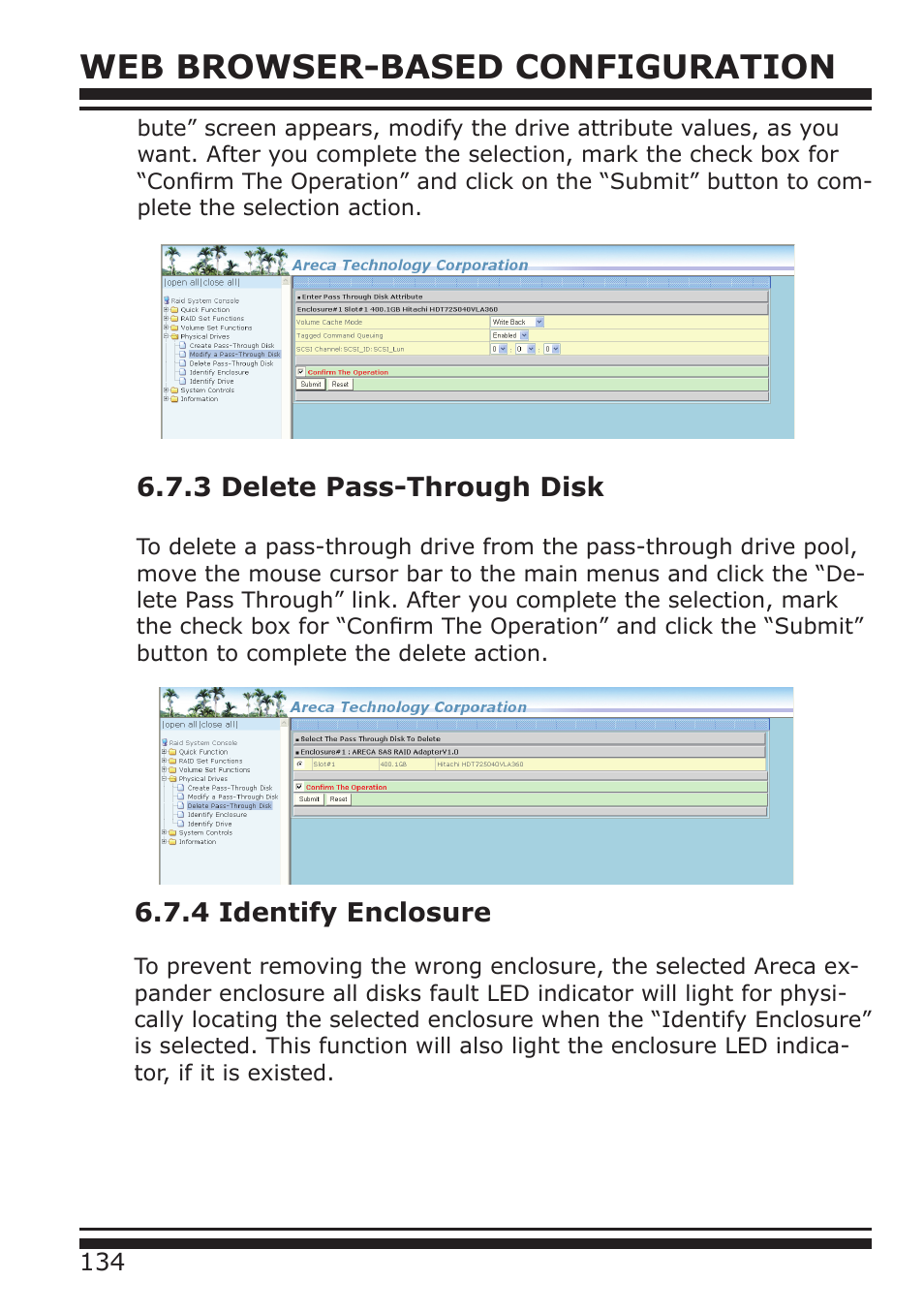 Web browser-based configuration, 3 delete pass-through disk, 4 identify enclosure | DATOptic ARC-1680 Series User Manual | Page 134 / 184