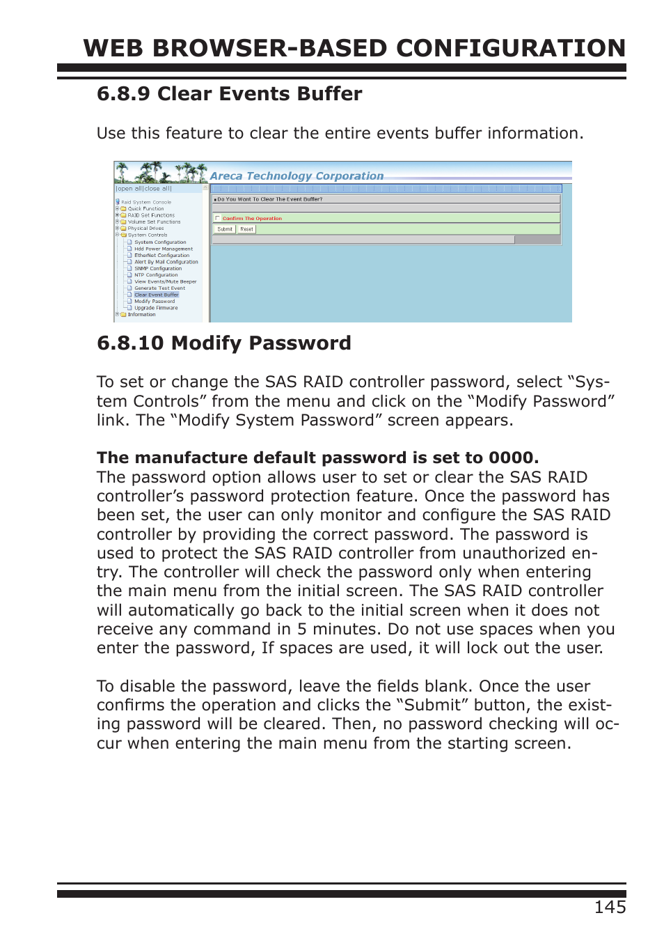 Web browser-based configuration, 9 clear events buffer, 10 modify password | DATOptic ARC-1680 Series User Manual | Page 145 / 184