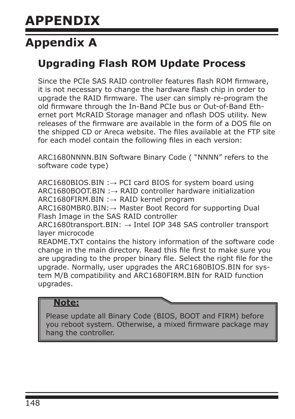 Appendix, Appendix a, Upgrading flash rom update process | DATOptic ARC-1680 Series User Manual | Page 148 / 184