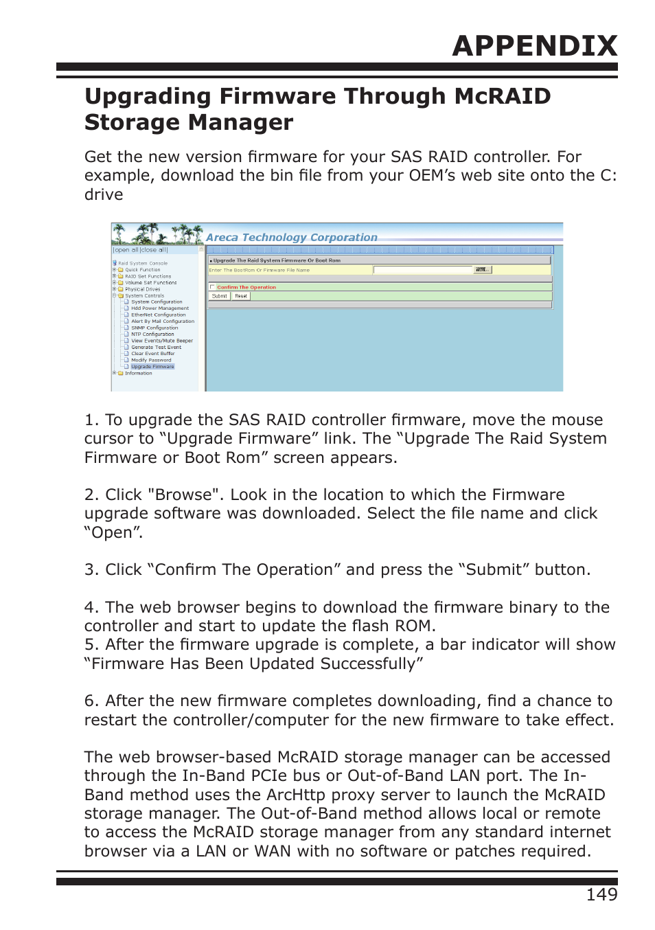 Appendix, Upgrading firmware through mcraid storage manager | DATOptic ARC-1680 Series User Manual | Page 149 / 184