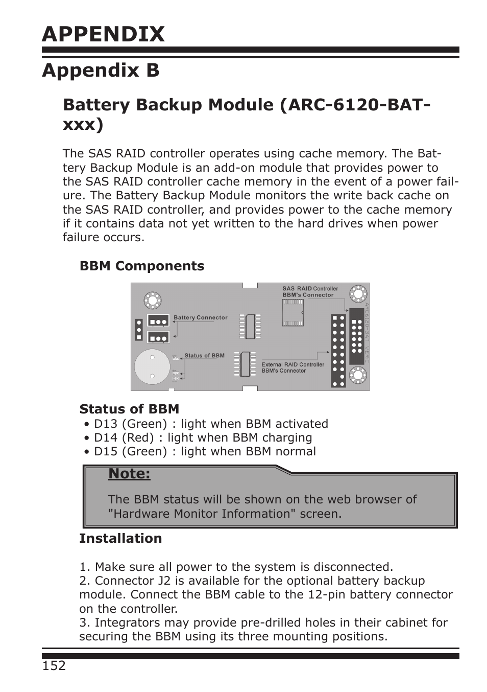 Appendix, Appendix b, Battery backup module (arc-6120-bat- xxx) | DATOptic ARC-1680 Series User Manual | Page 152 / 184