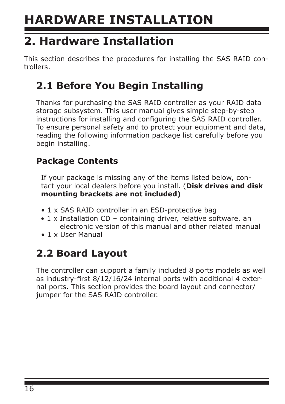 Hardware installation, 1 before you begin installing, 2 board layout | DATOptic ARC-1680 Series User Manual | Page 16 / 184