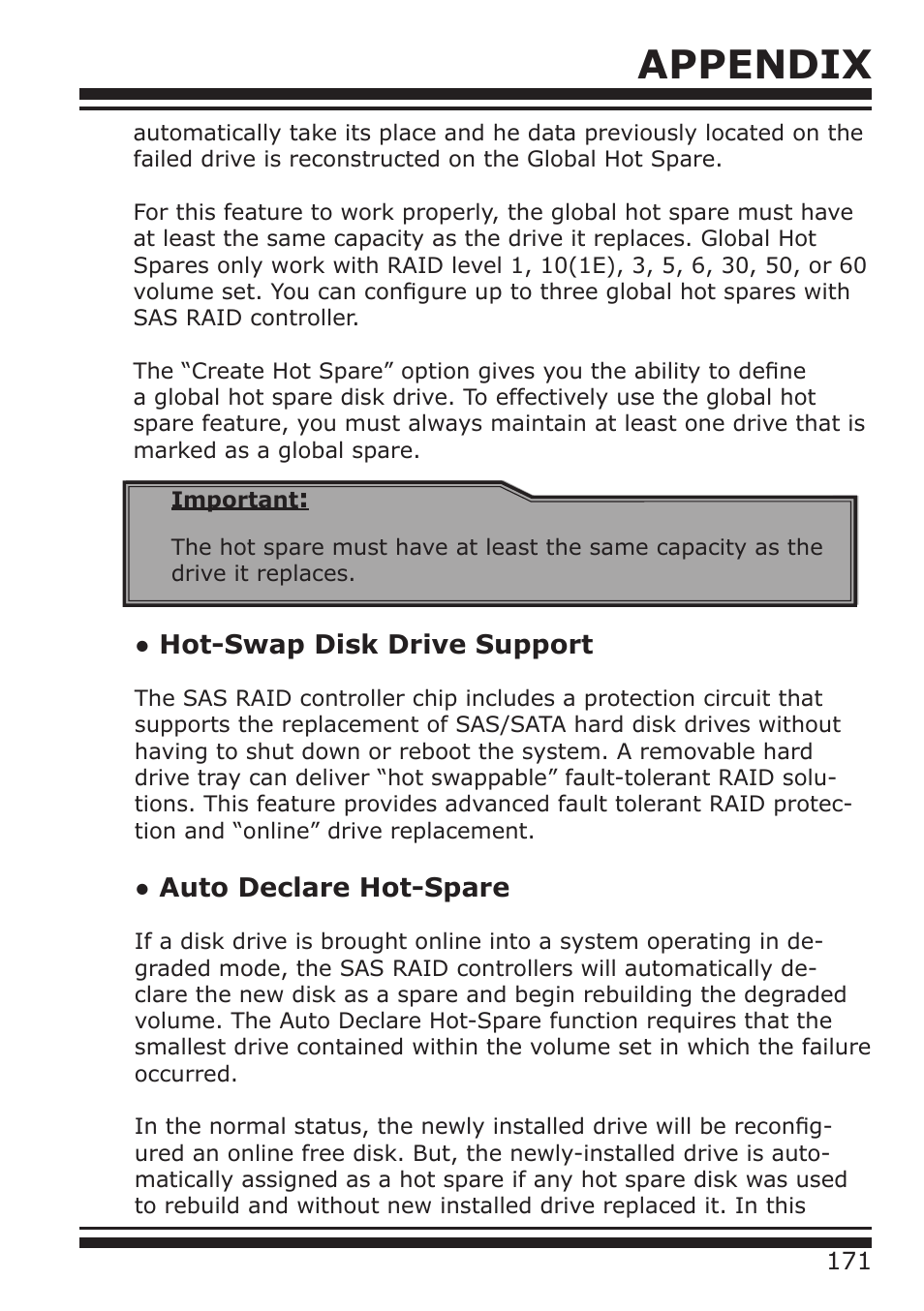 Appendix, Hot-swap disk drive support, Auto declare hot-spare | DATOptic ARC-1680 Series User Manual | Page 171 / 184